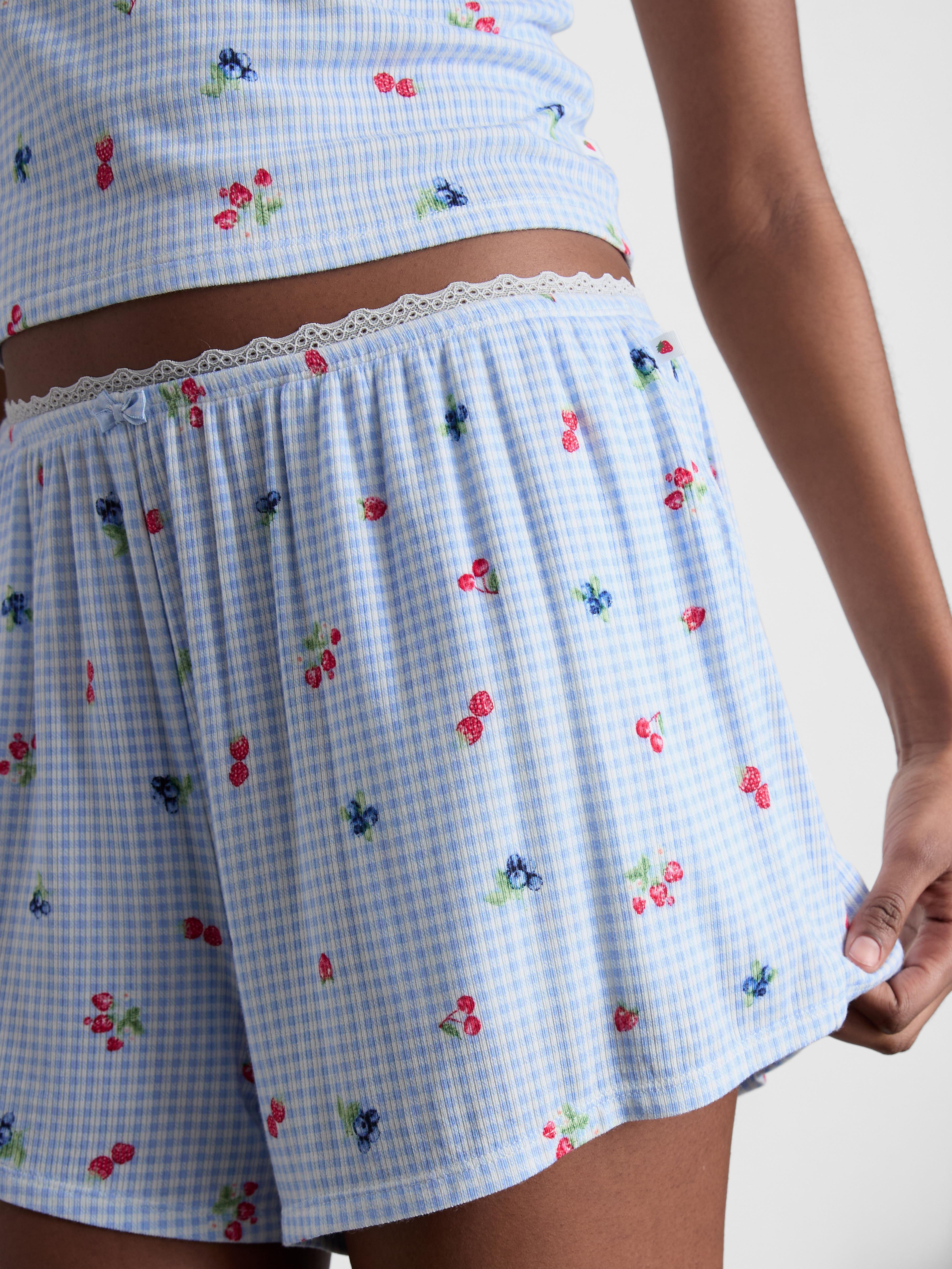 Women's Light Blue Gingham Berry Ribbed Pajama Shorts