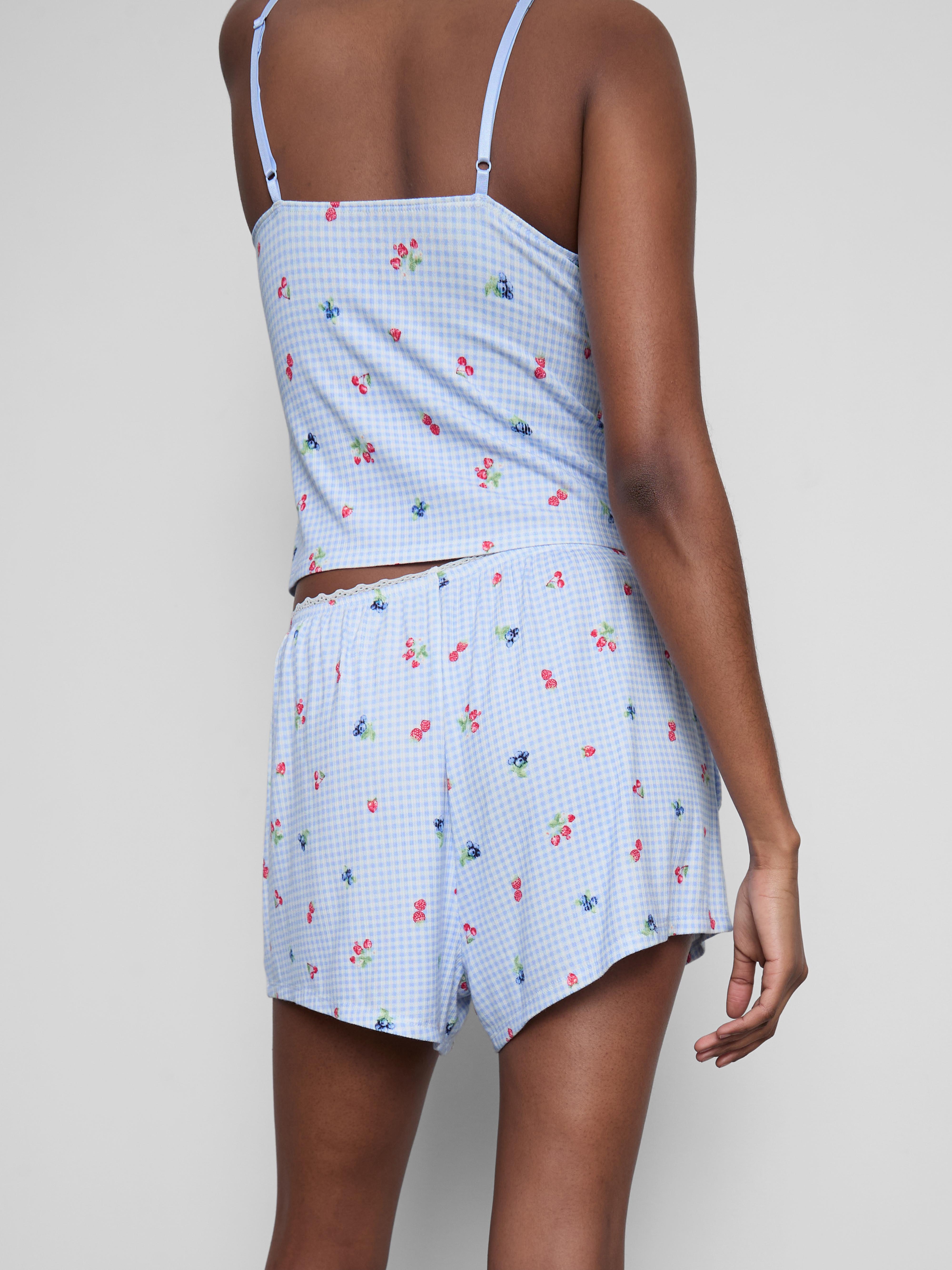 Women's Light Blue Gingham Berry Ribbed Pajama Shorts