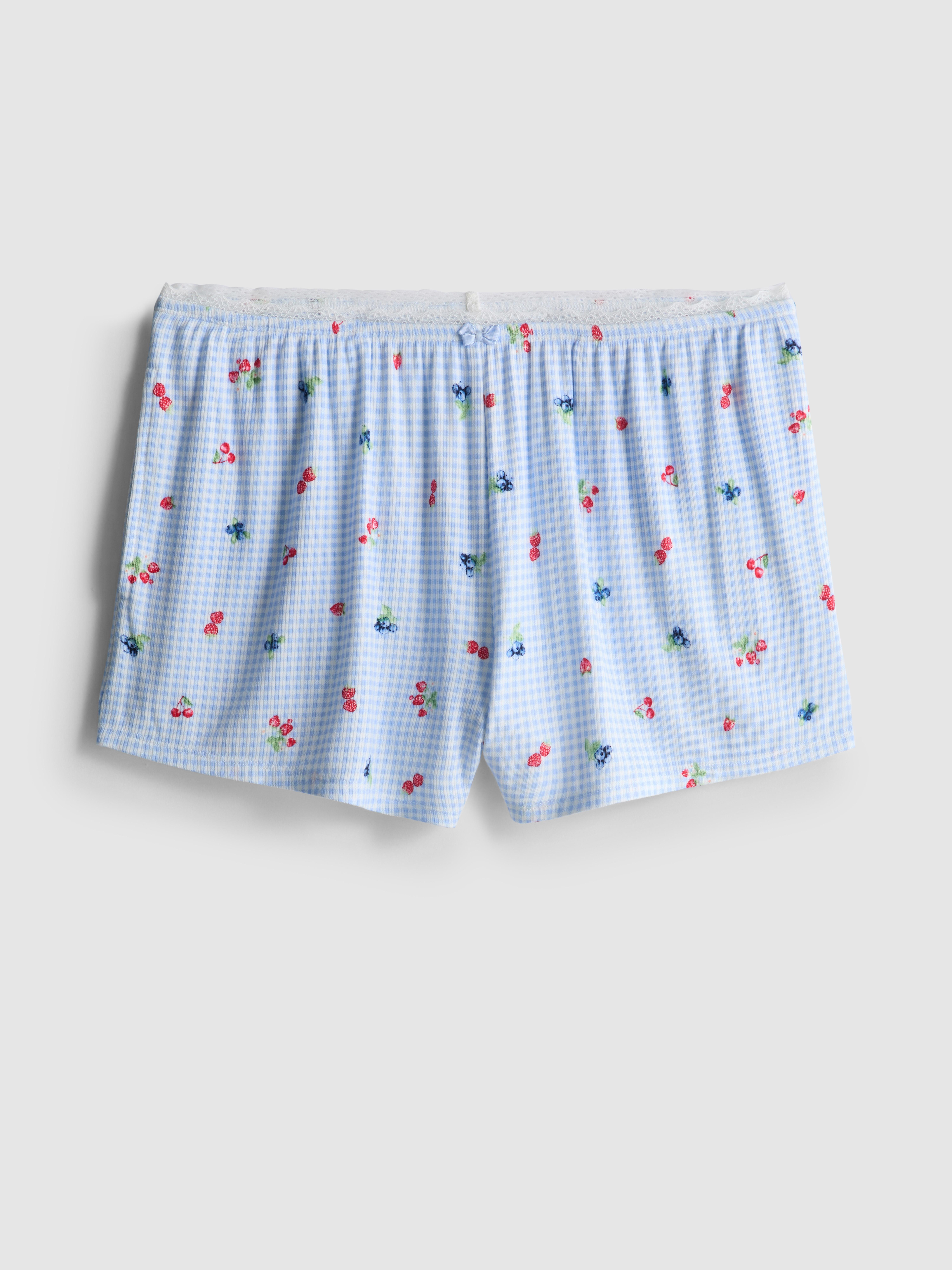 Women's Light Blue Gingham Berry Ribbed Pajama Shorts