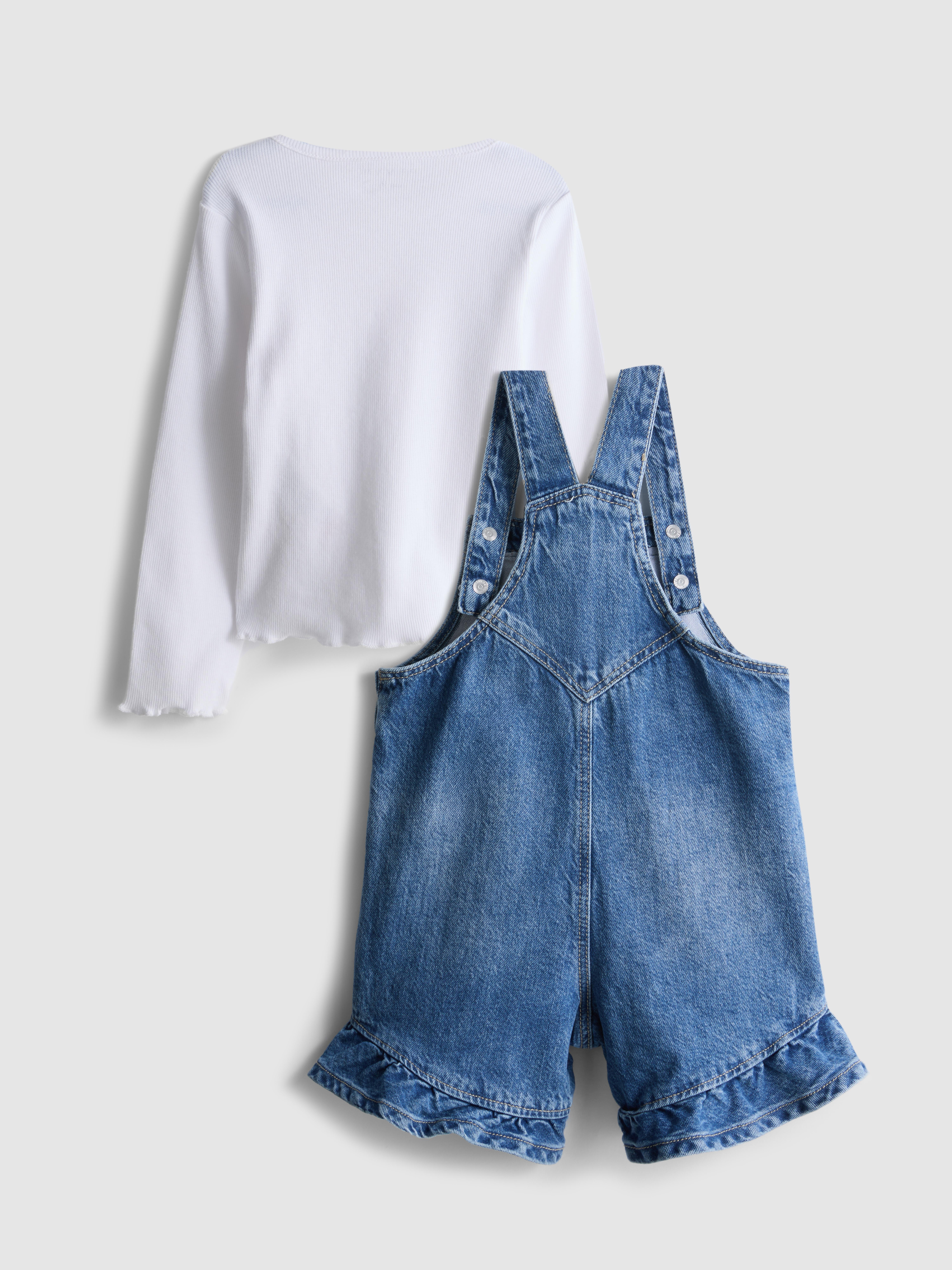 1.5-8yrs | Long-Sleeve T-Shirt and Denim Romper Set