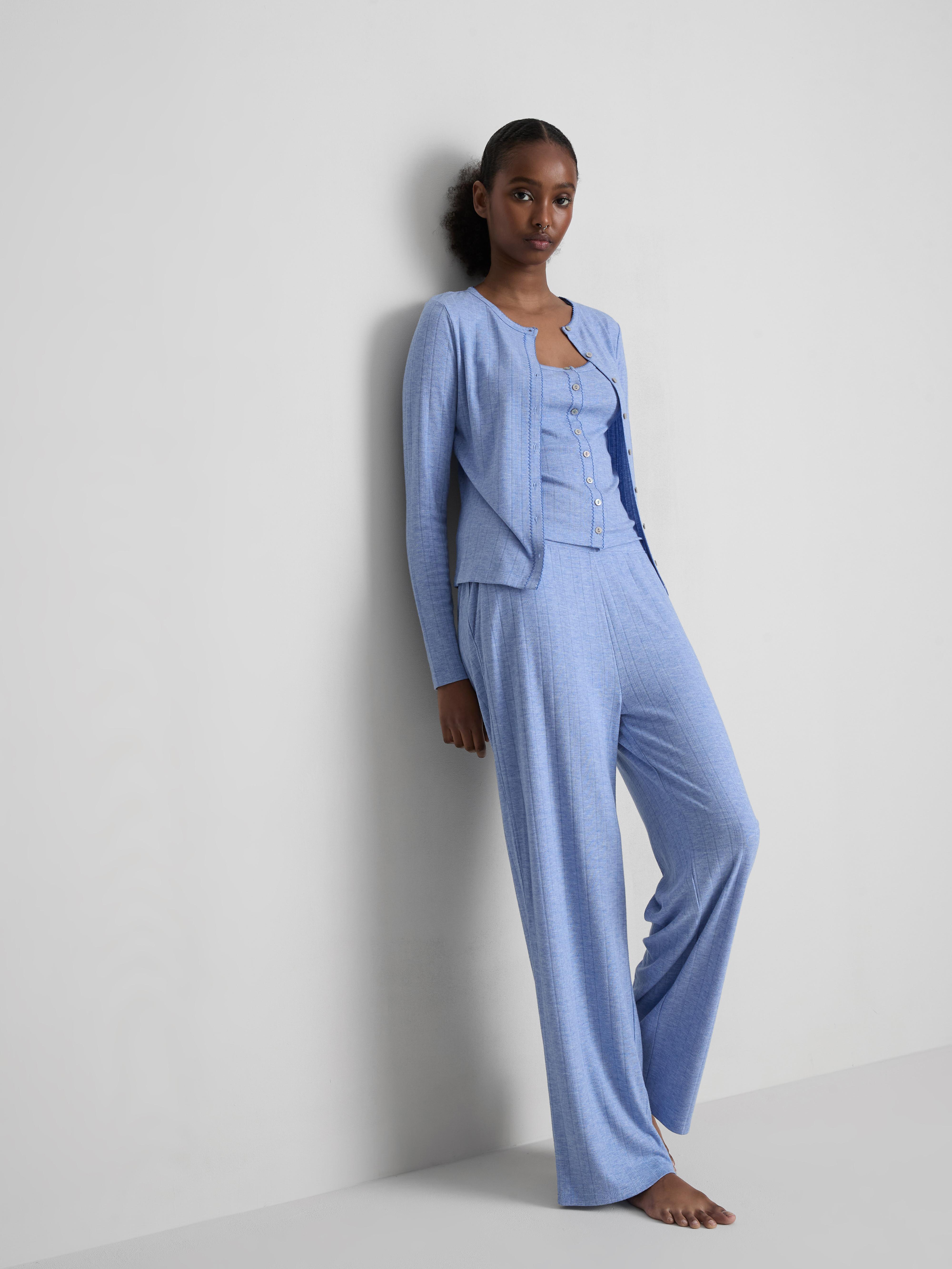 Women's Blue Long Sleeve Pointelle Pajama Top