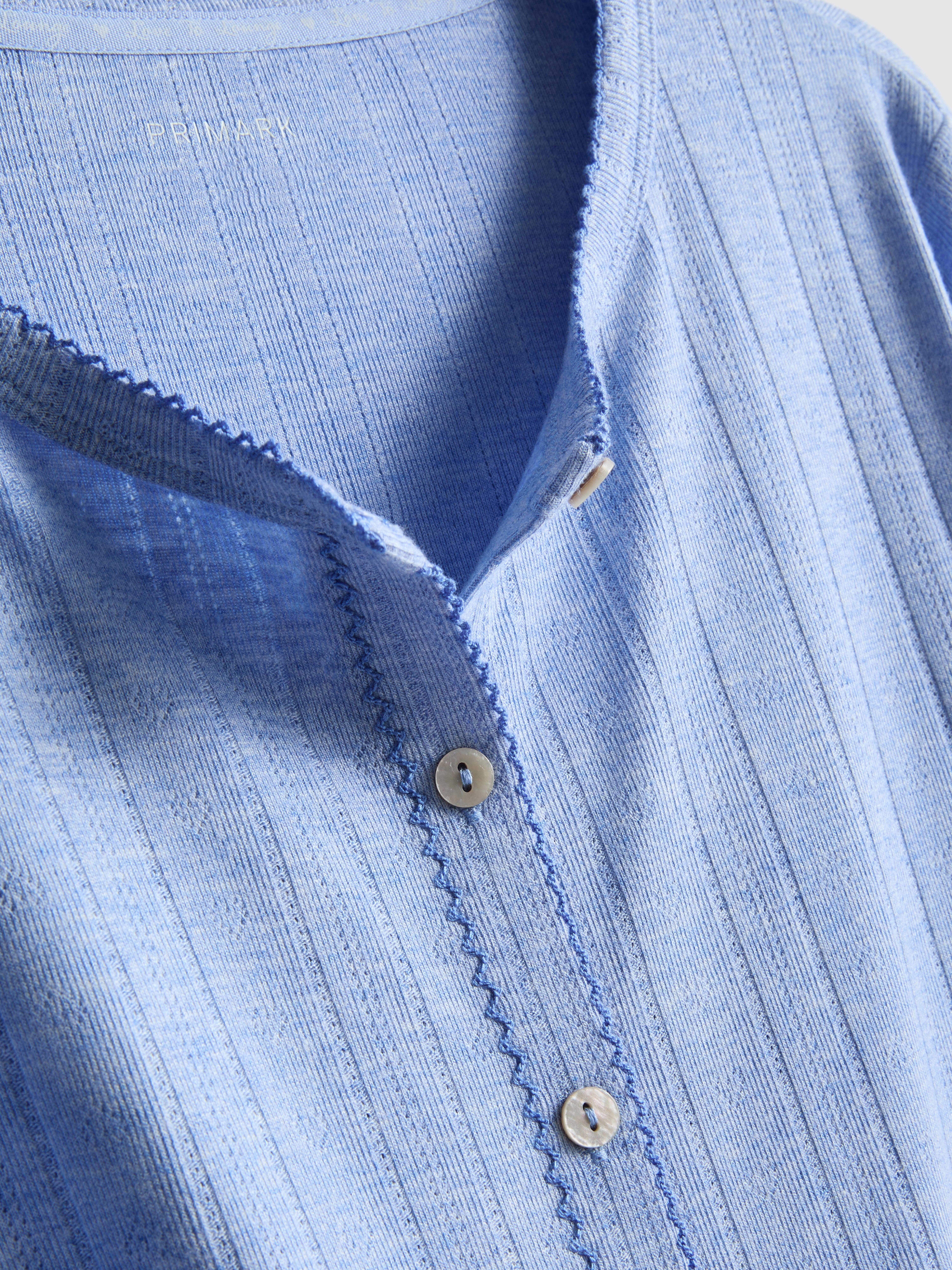 Women's Blue Long Sleeve Pointelle Pajama Top