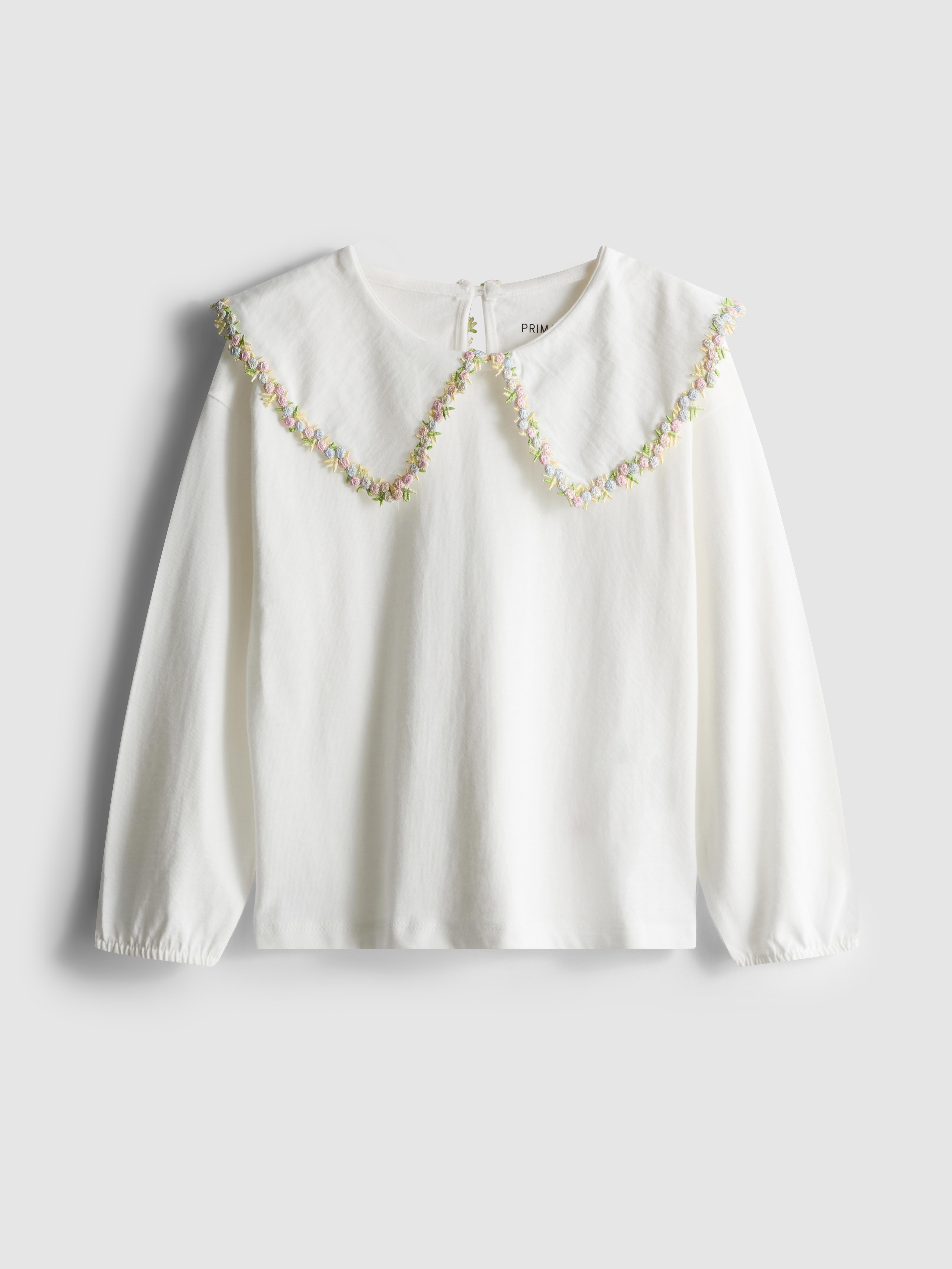 1.5-8yrs | Floral Trim Collared Long Sleeve T-Shirt