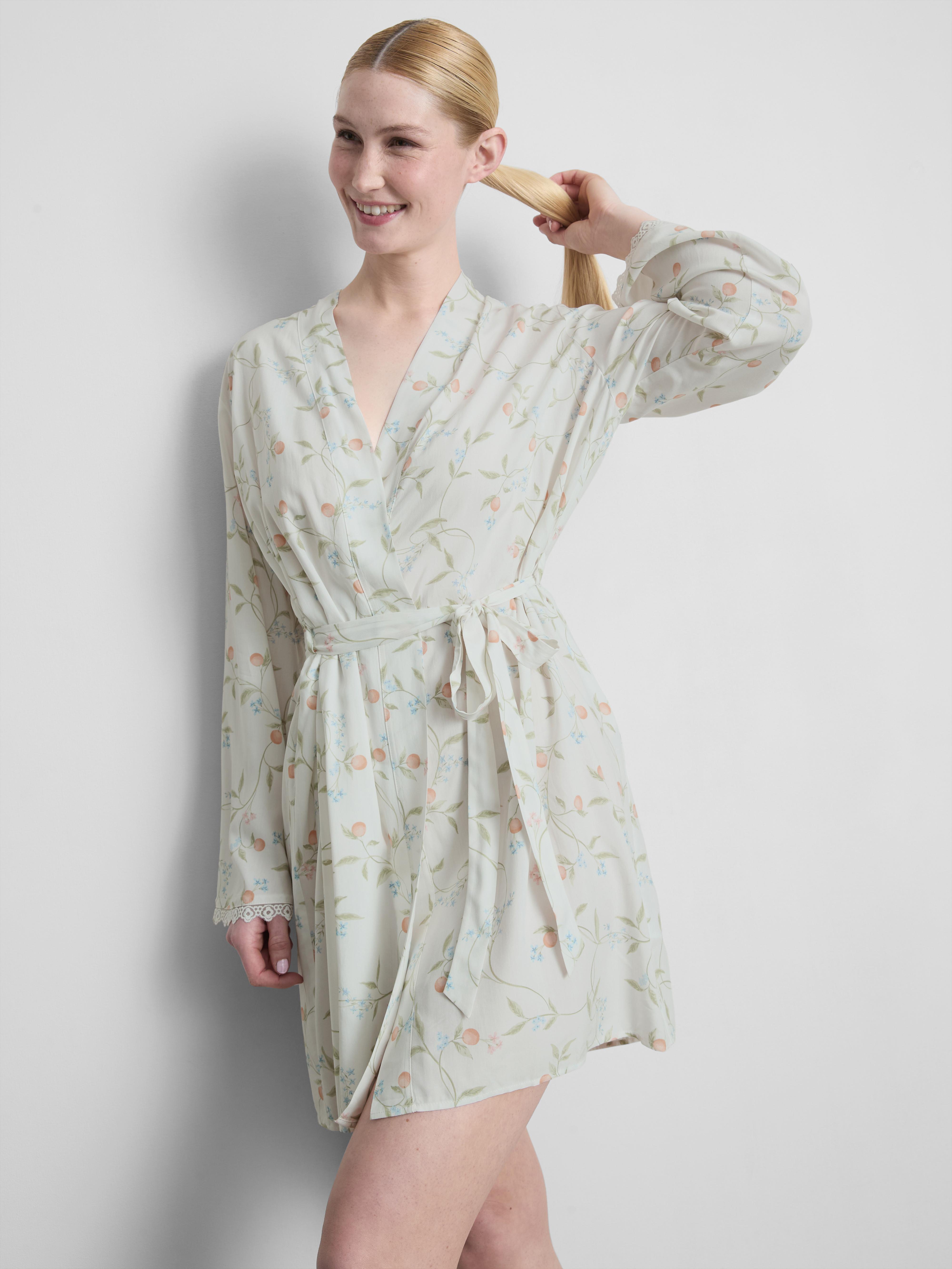 Orange Print Lace Trim Dressing Robe