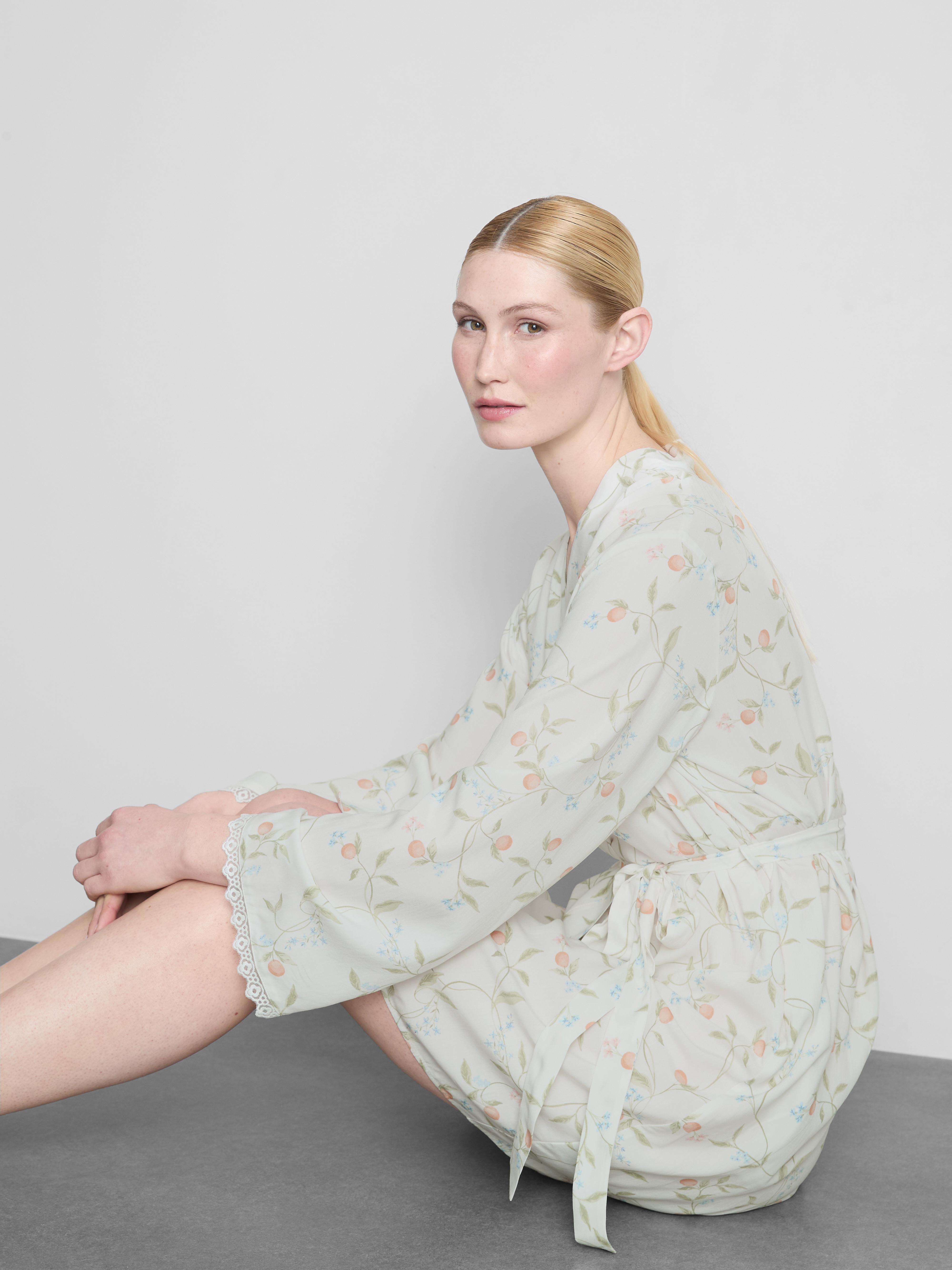 Orange Print Lace Trim Dressing Robe