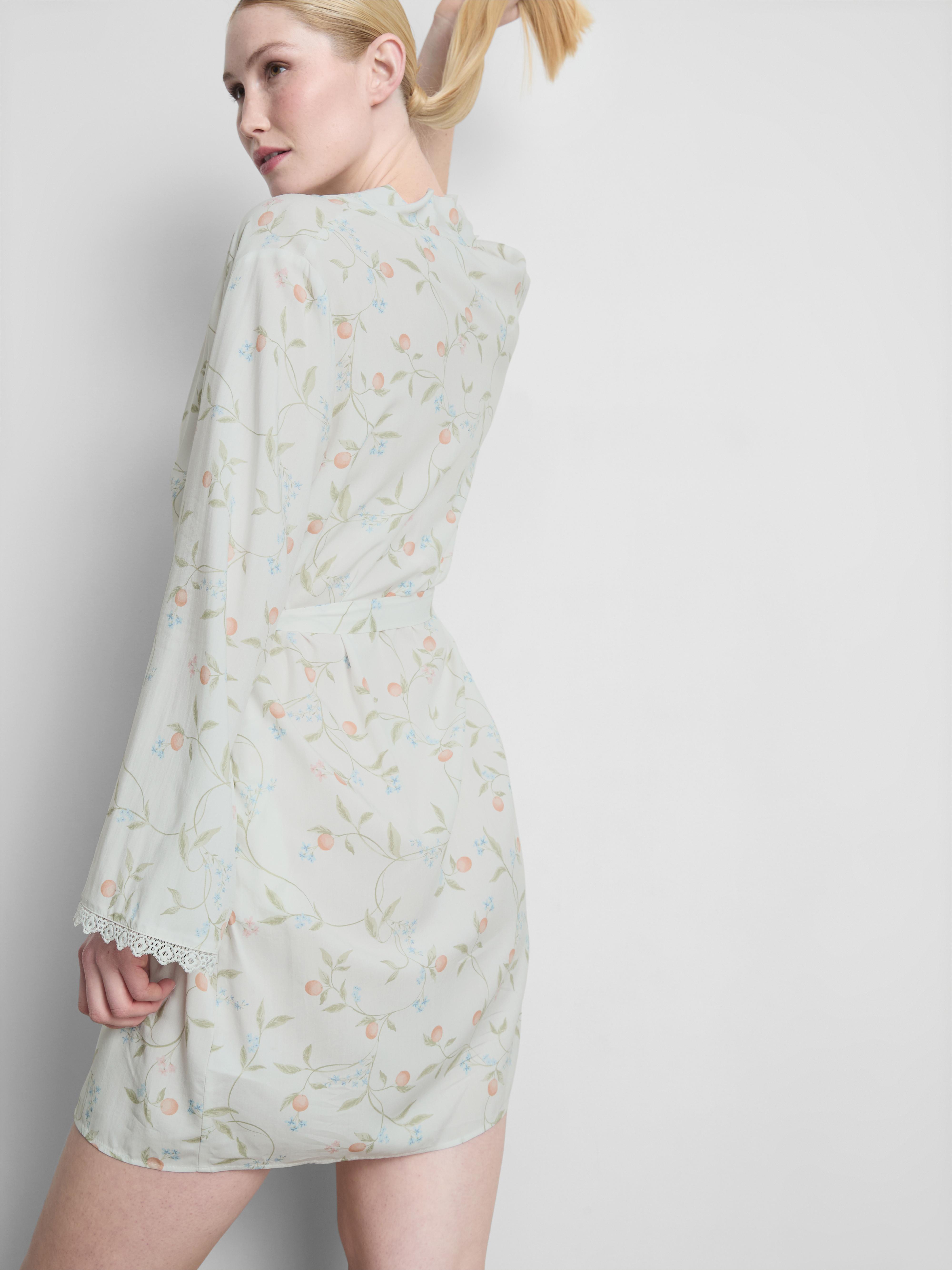 Orange Print Lace Trim Dressing Robe