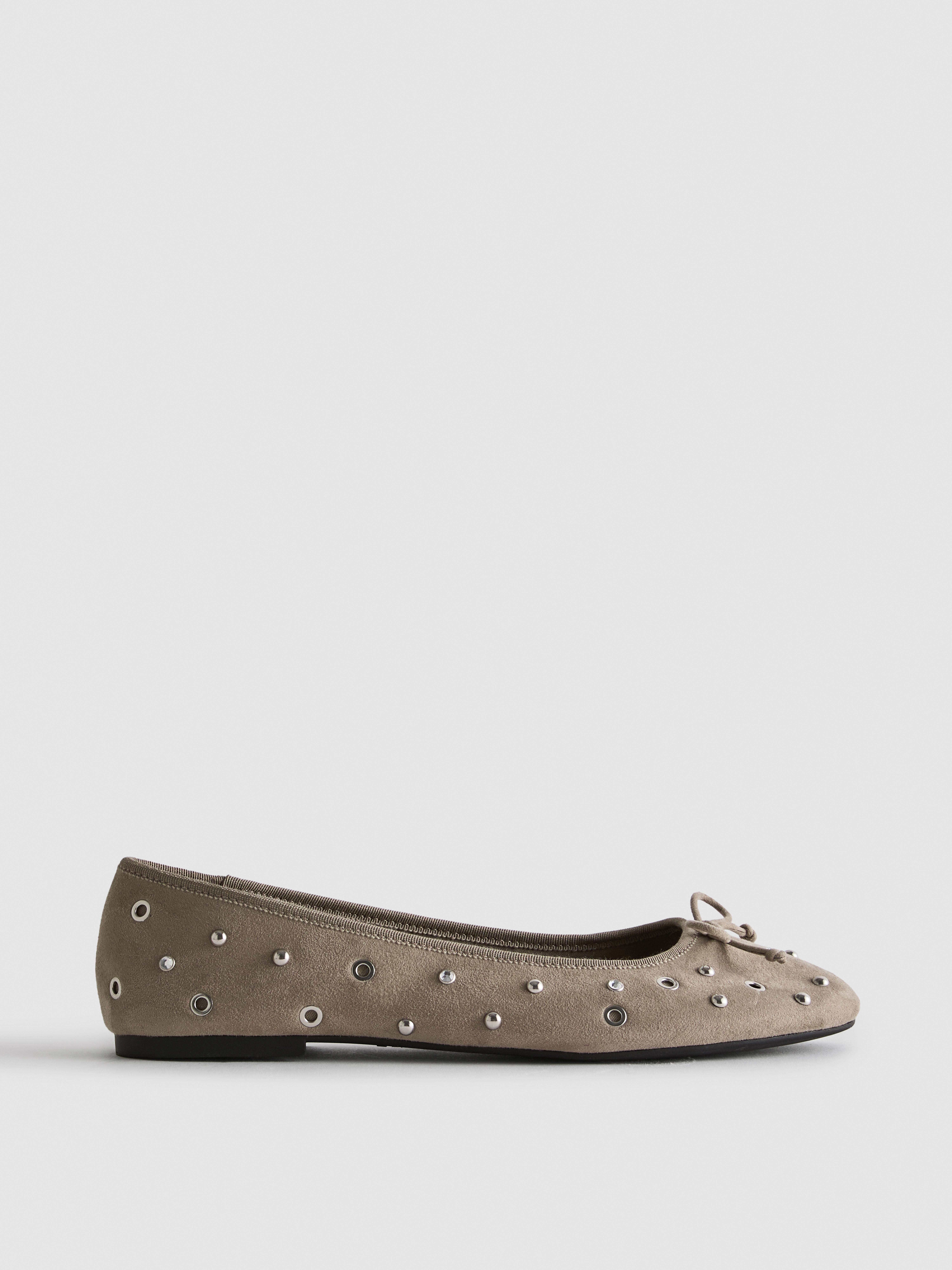 Women's Taupe Studded Faux Suede Ballerina Flats