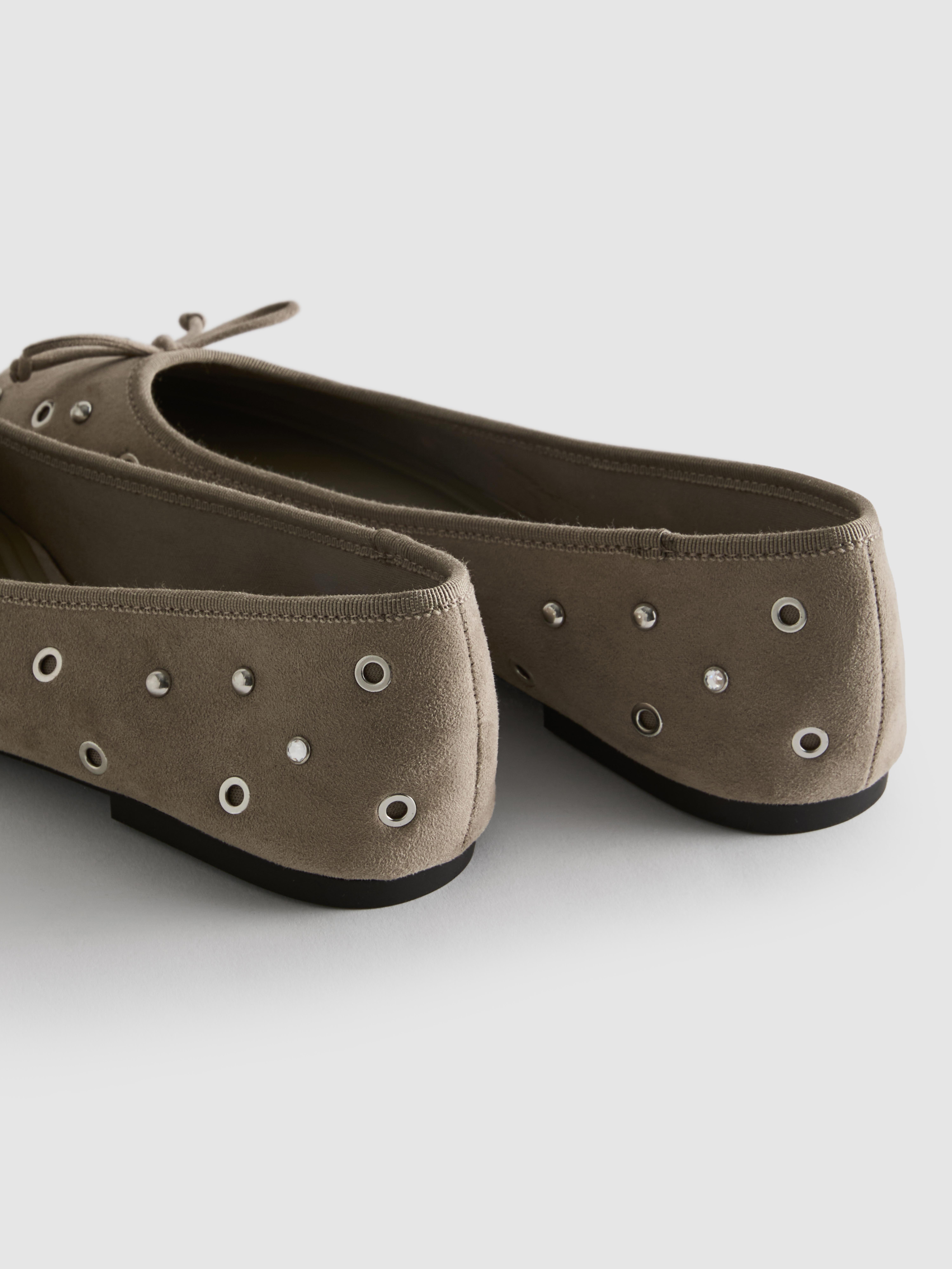 Women's Taupe Studded Faux Suede Ballerina Flats