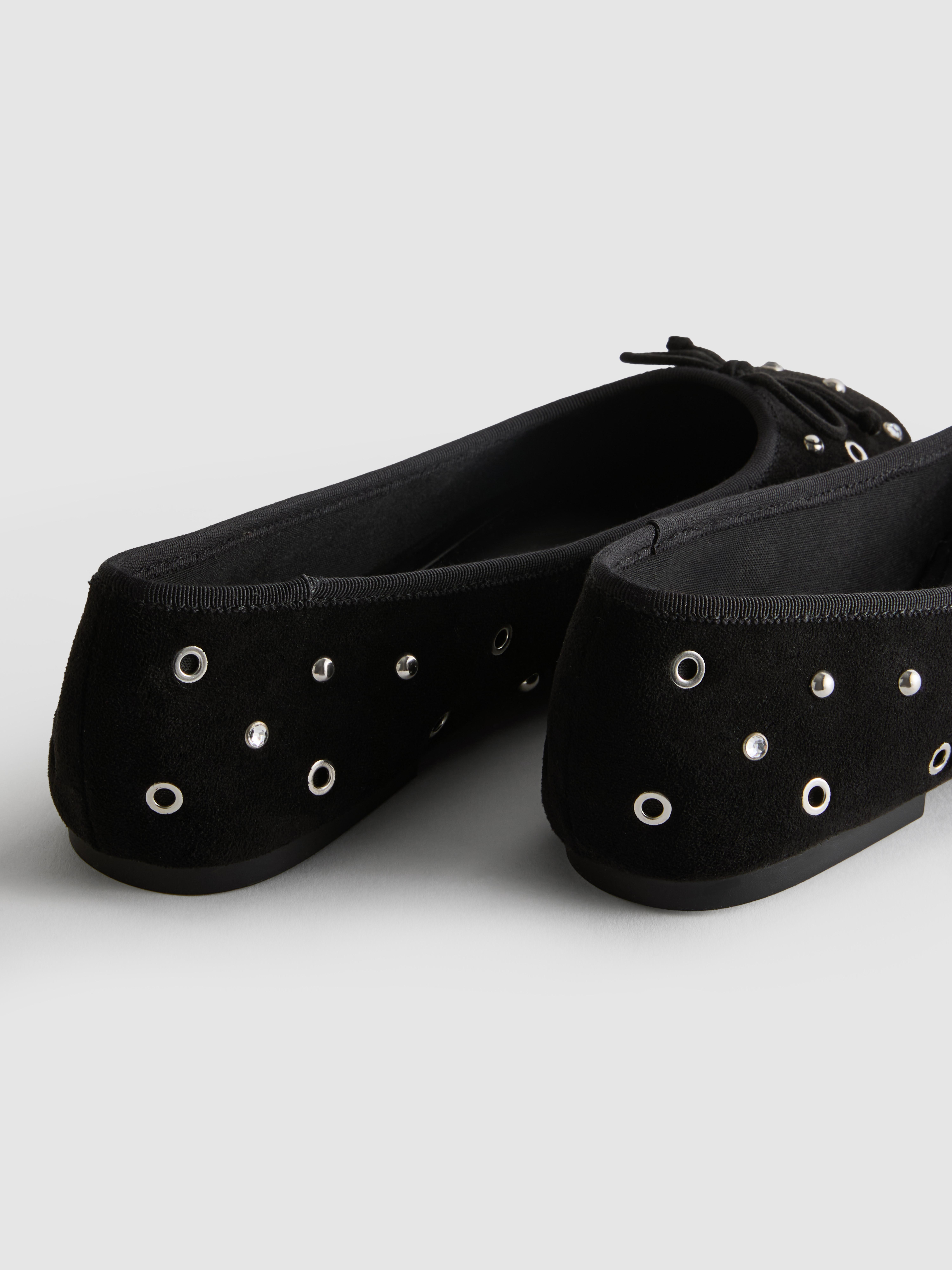 Women's Black Studded Faux Suede Ballerina Flats
