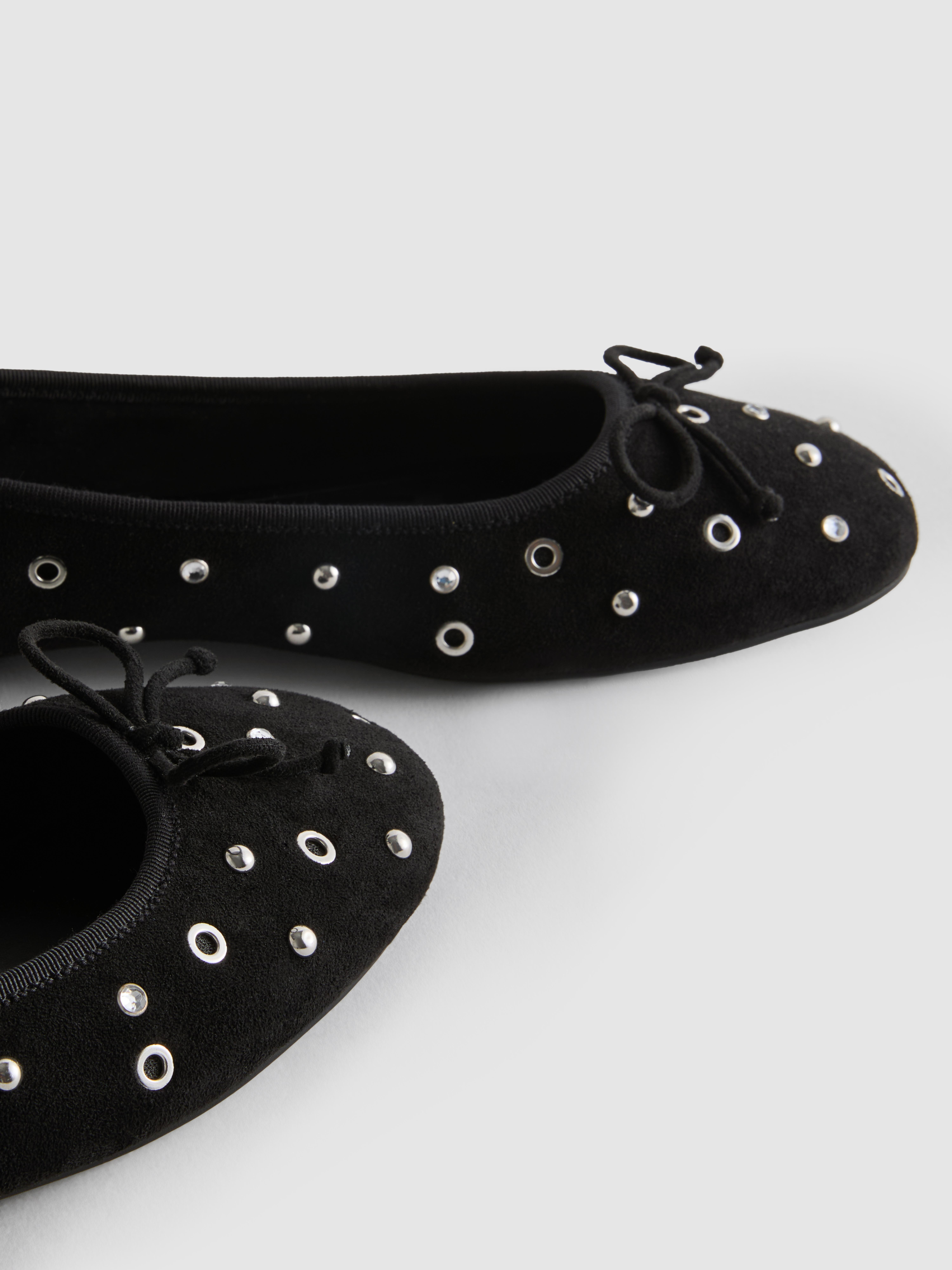Women's Black Studded Faux Suede Ballerina Flats