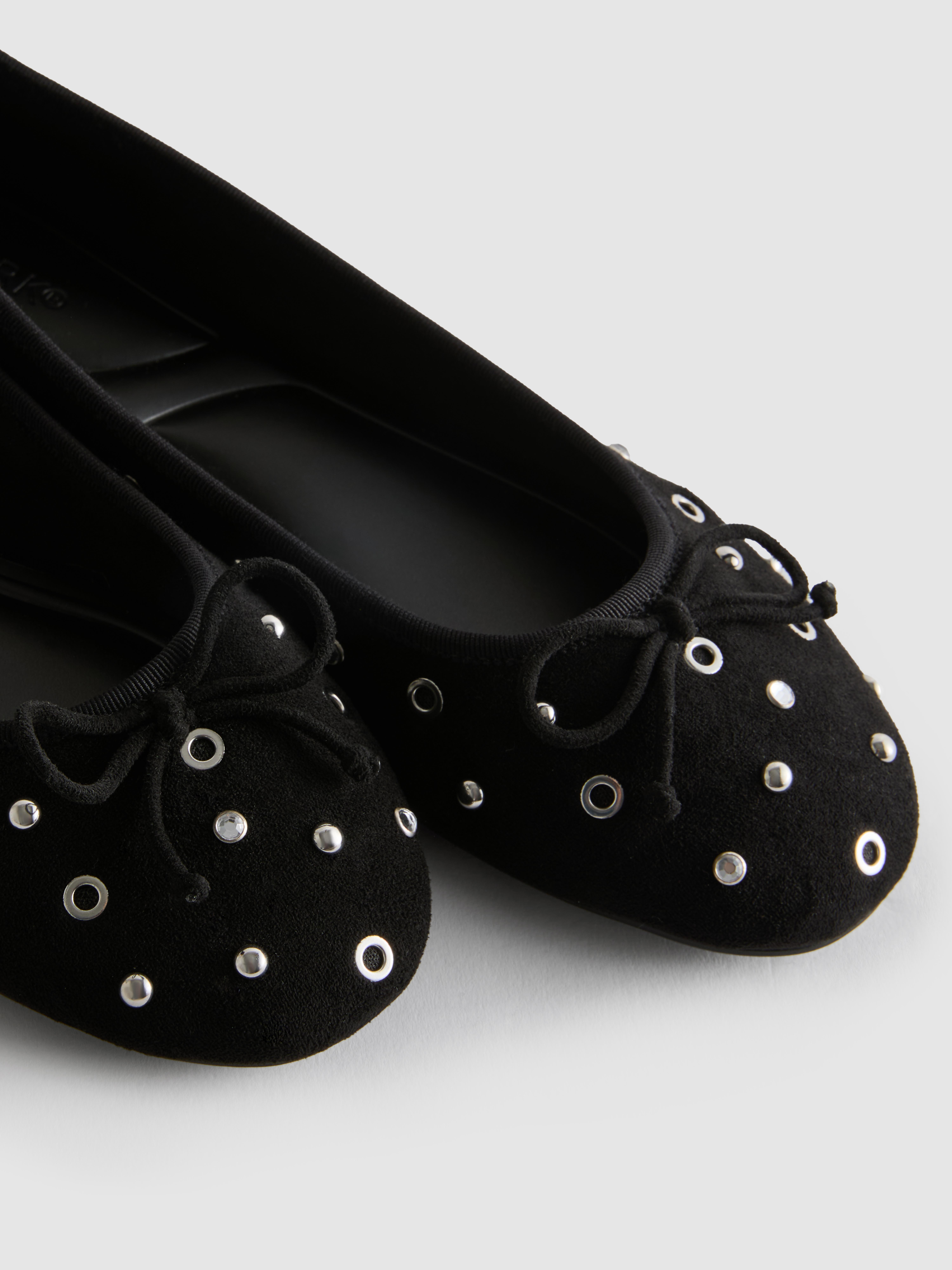 Women's Black Studded Faux Suede Ballerina Flats