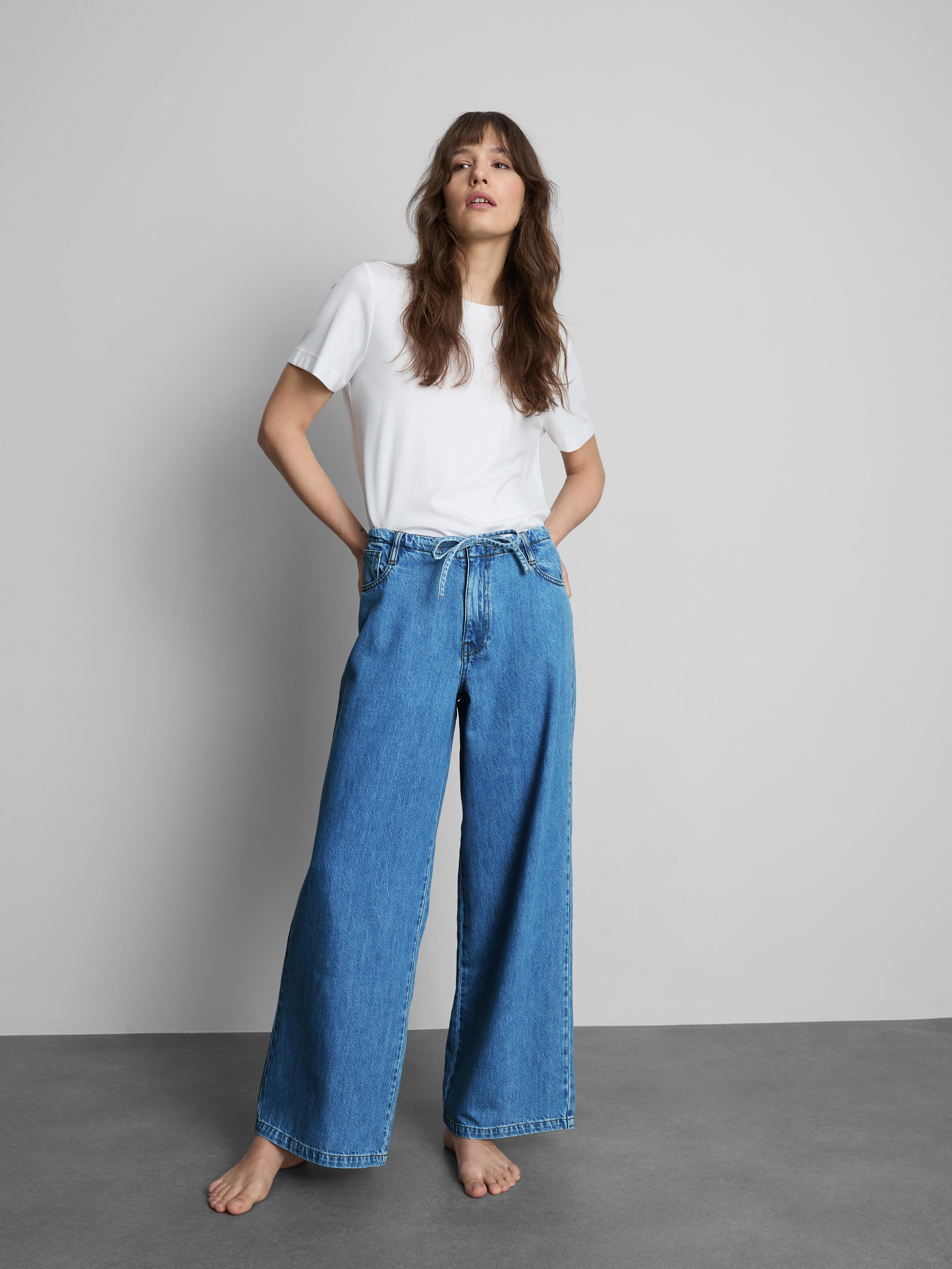 Women's Mid Blue Tie-Waist Mid-Rise Wide-Leg Jeans