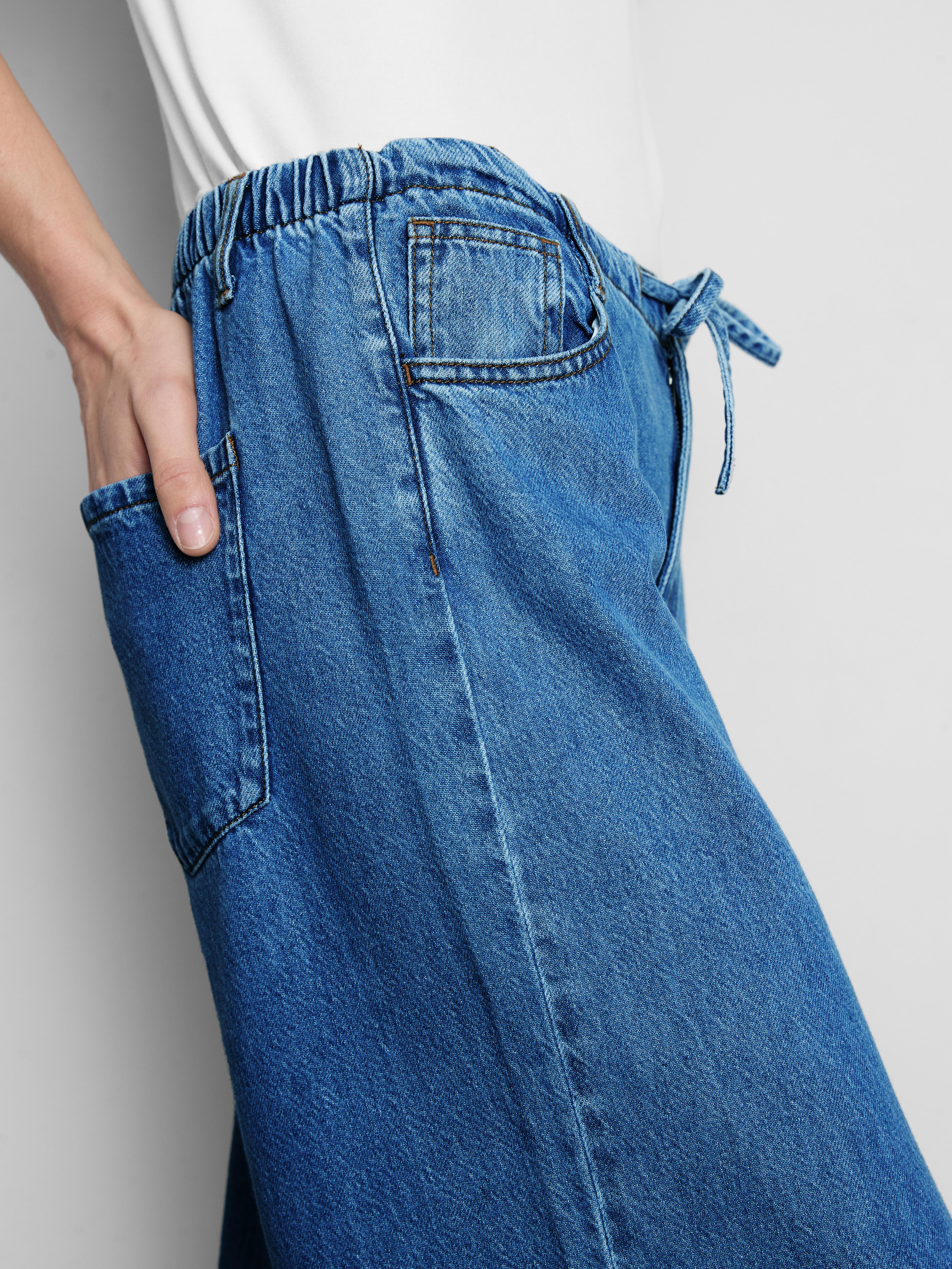 Women's Mid Blue Tie-Waist Mid-Rise Wide-Leg Jeans