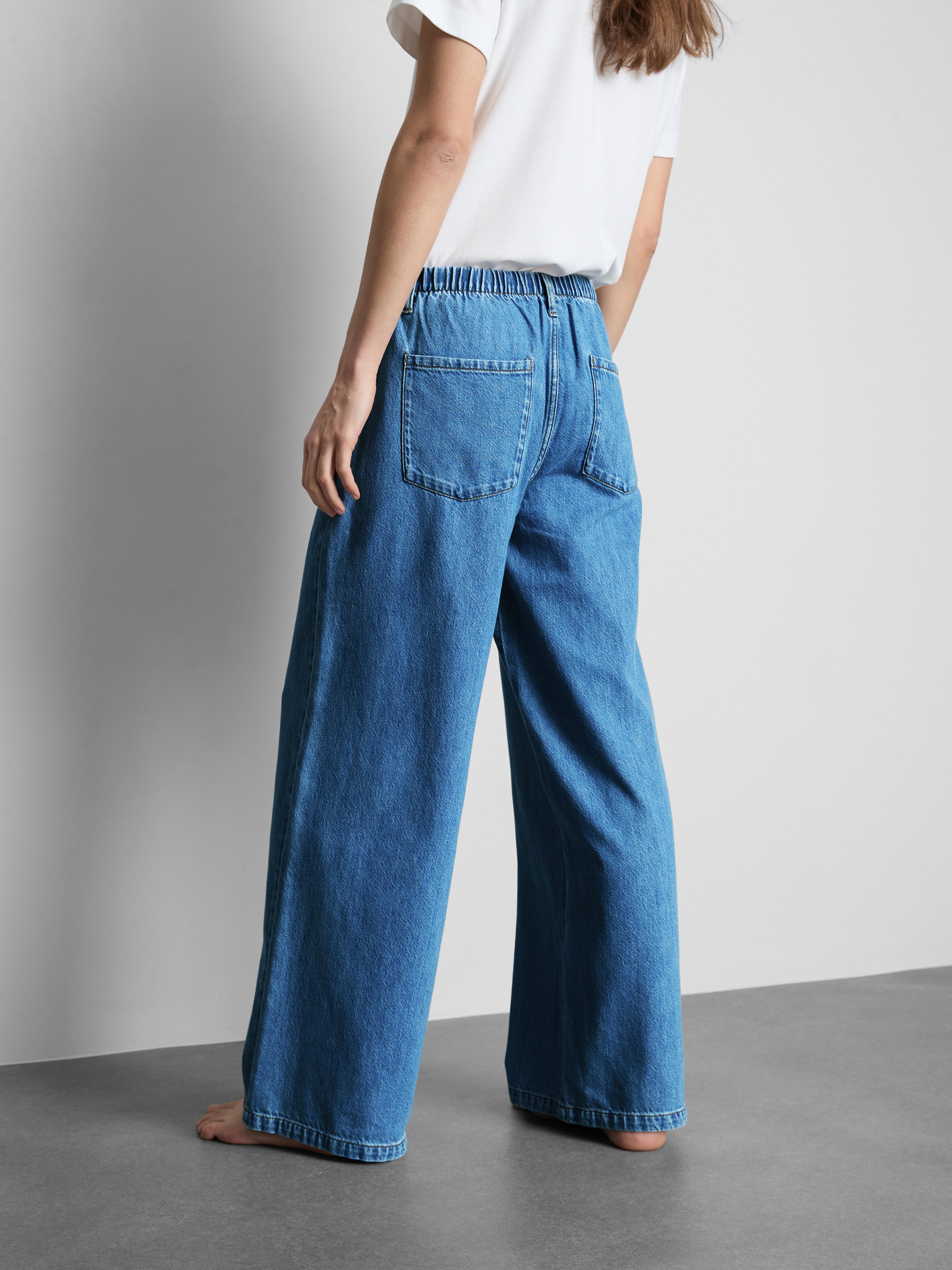 Women's Mid Blue Tie-Waist Mid-Rise Wide-Leg Jeans