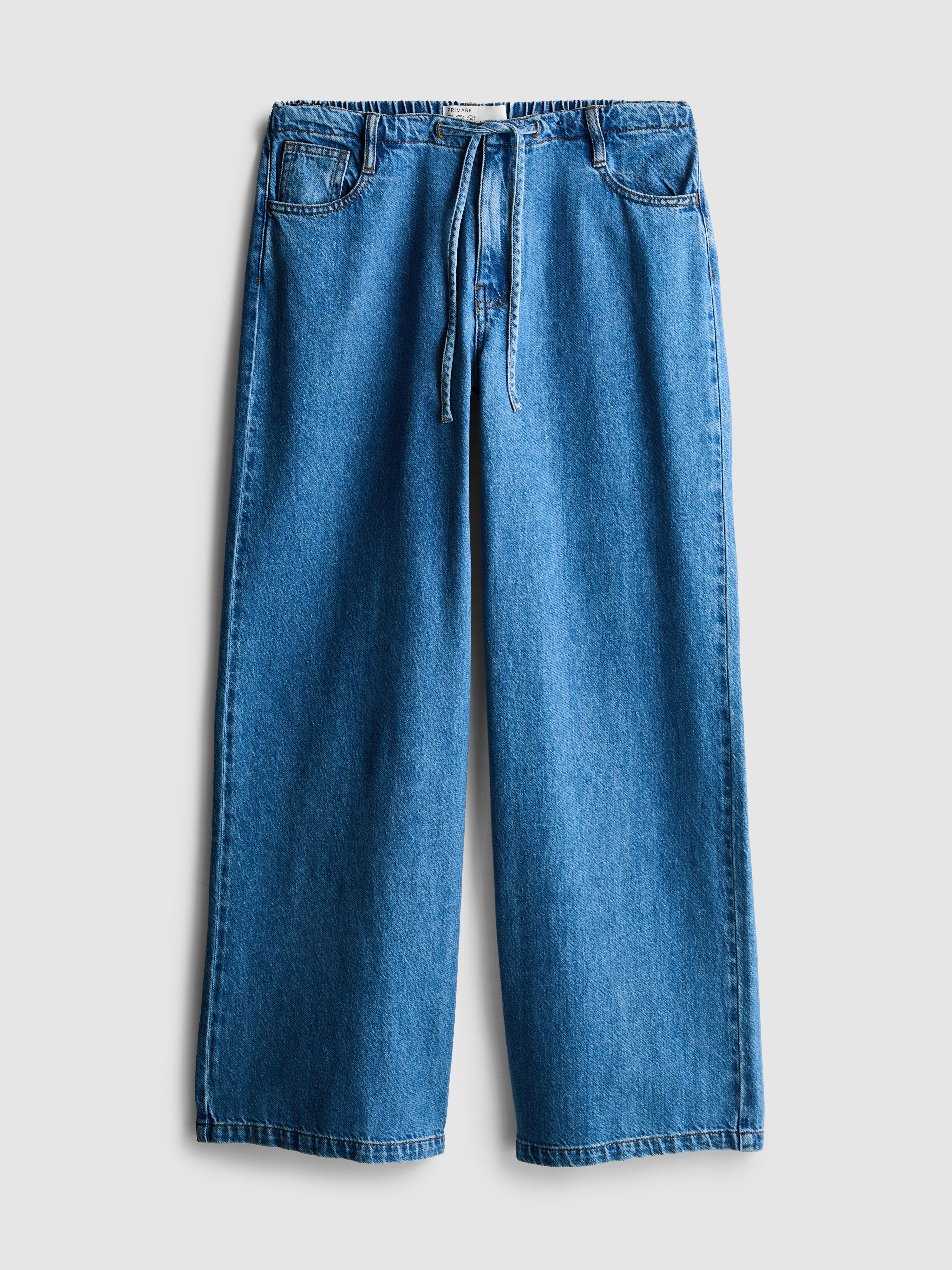 Women's Mid Blue Tie-Waist Mid-Rise Wide-Leg Jeans