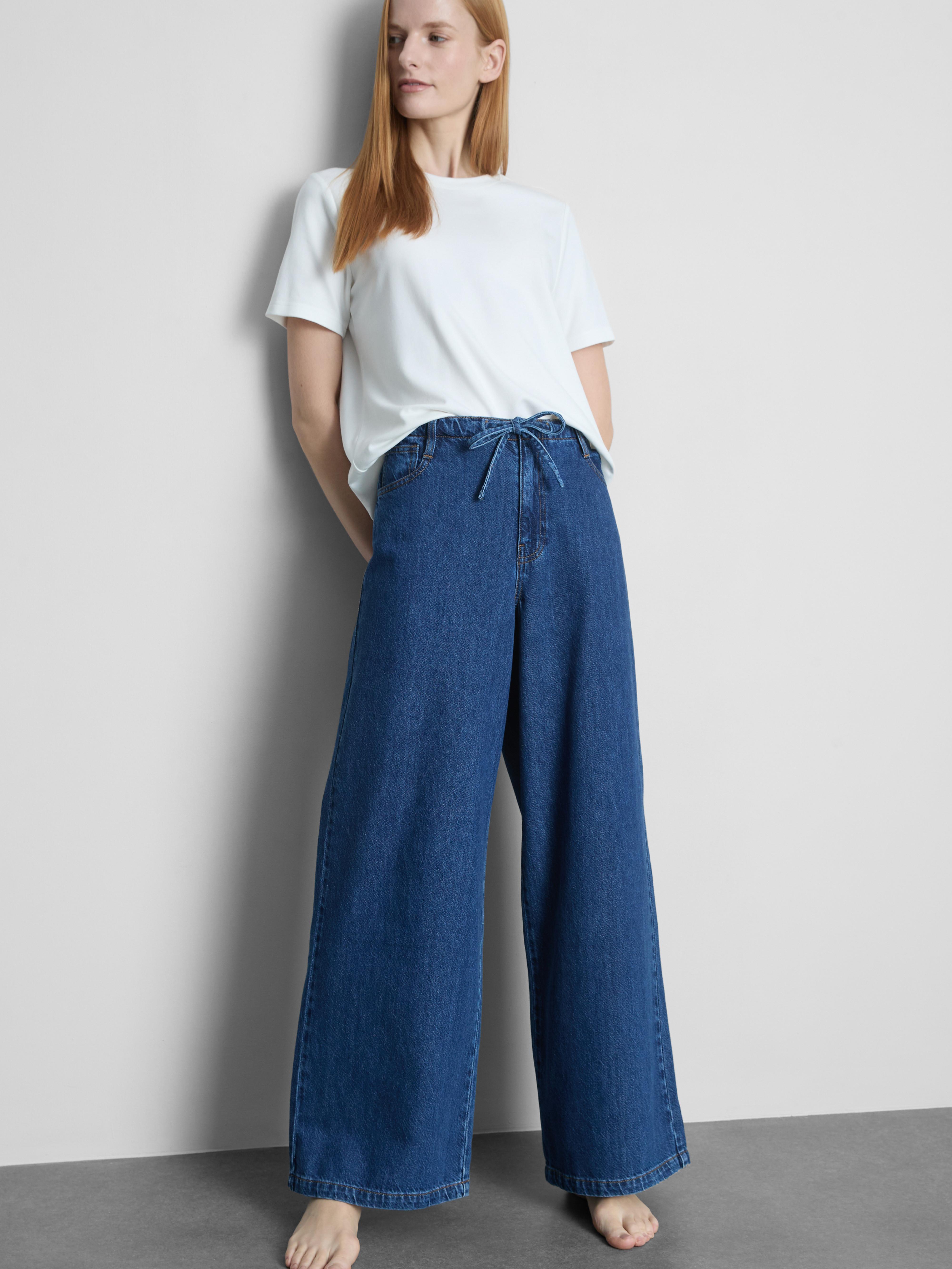 Women's Indigo Tie-Waist Mid-Rise Wide-Leg Jeans