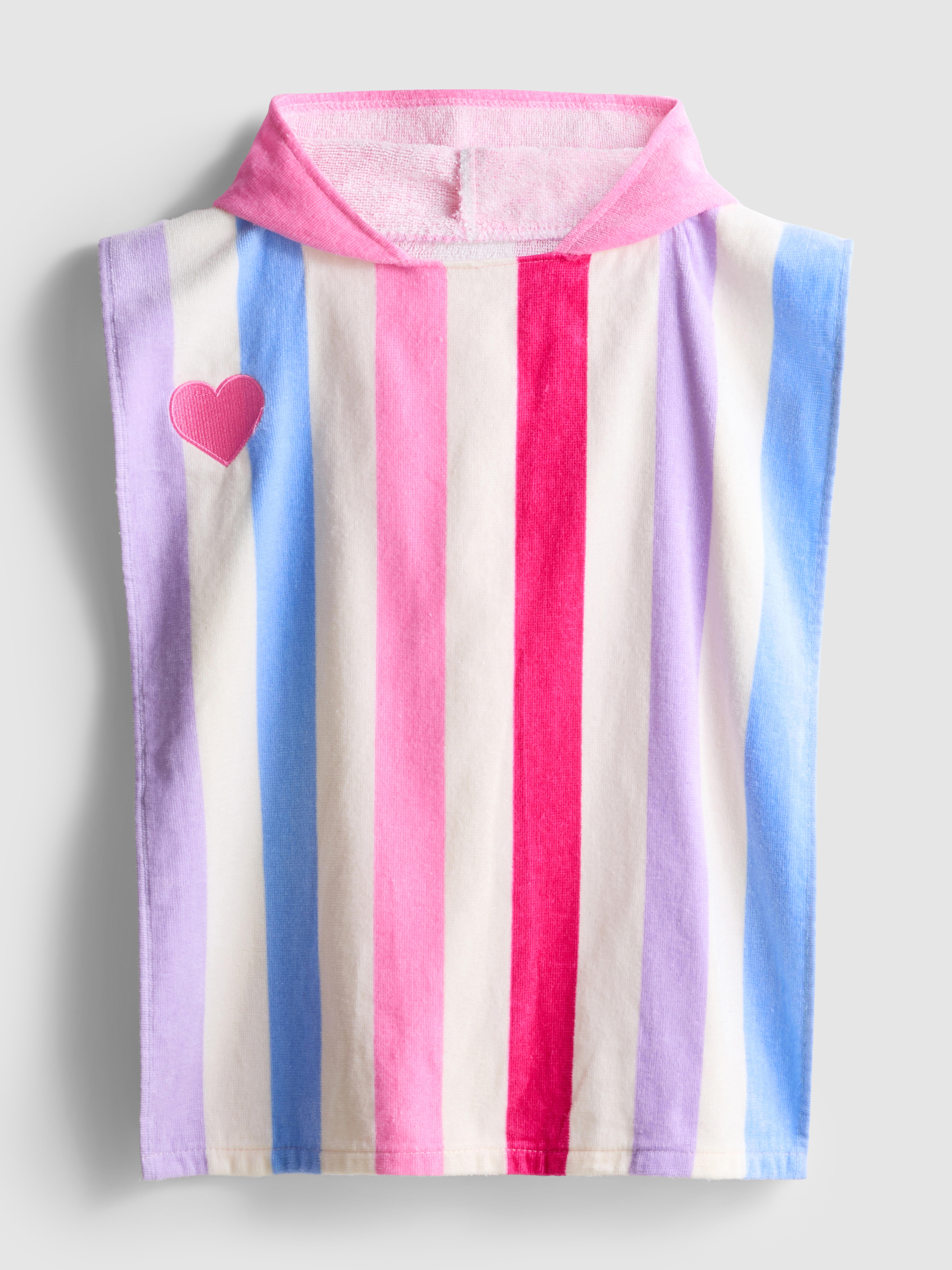 Ponczo z kapturem w paski z tkaniny frotte