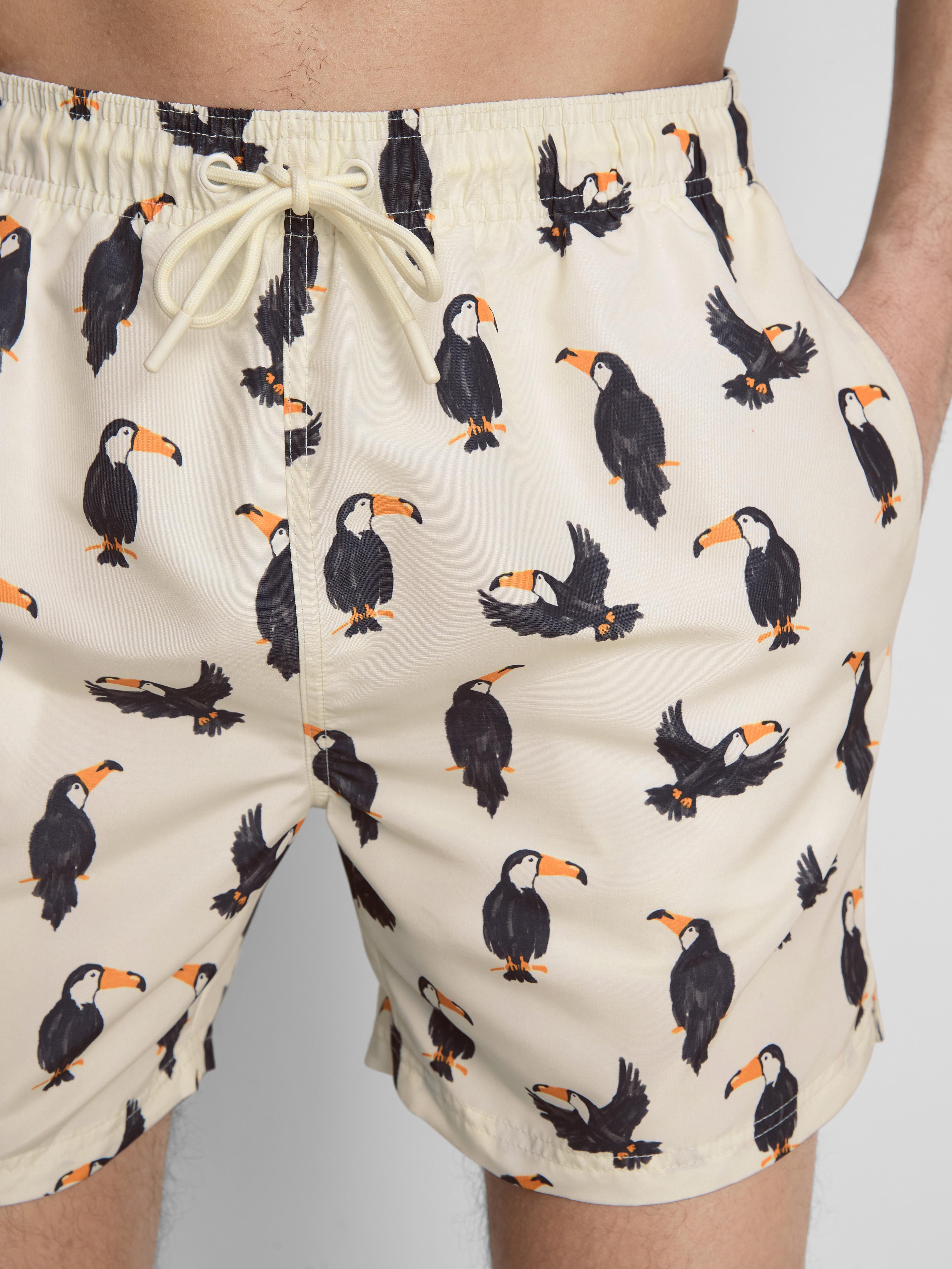 Men's Ivory Toucan Swim Shorts With Drawstring Waistband