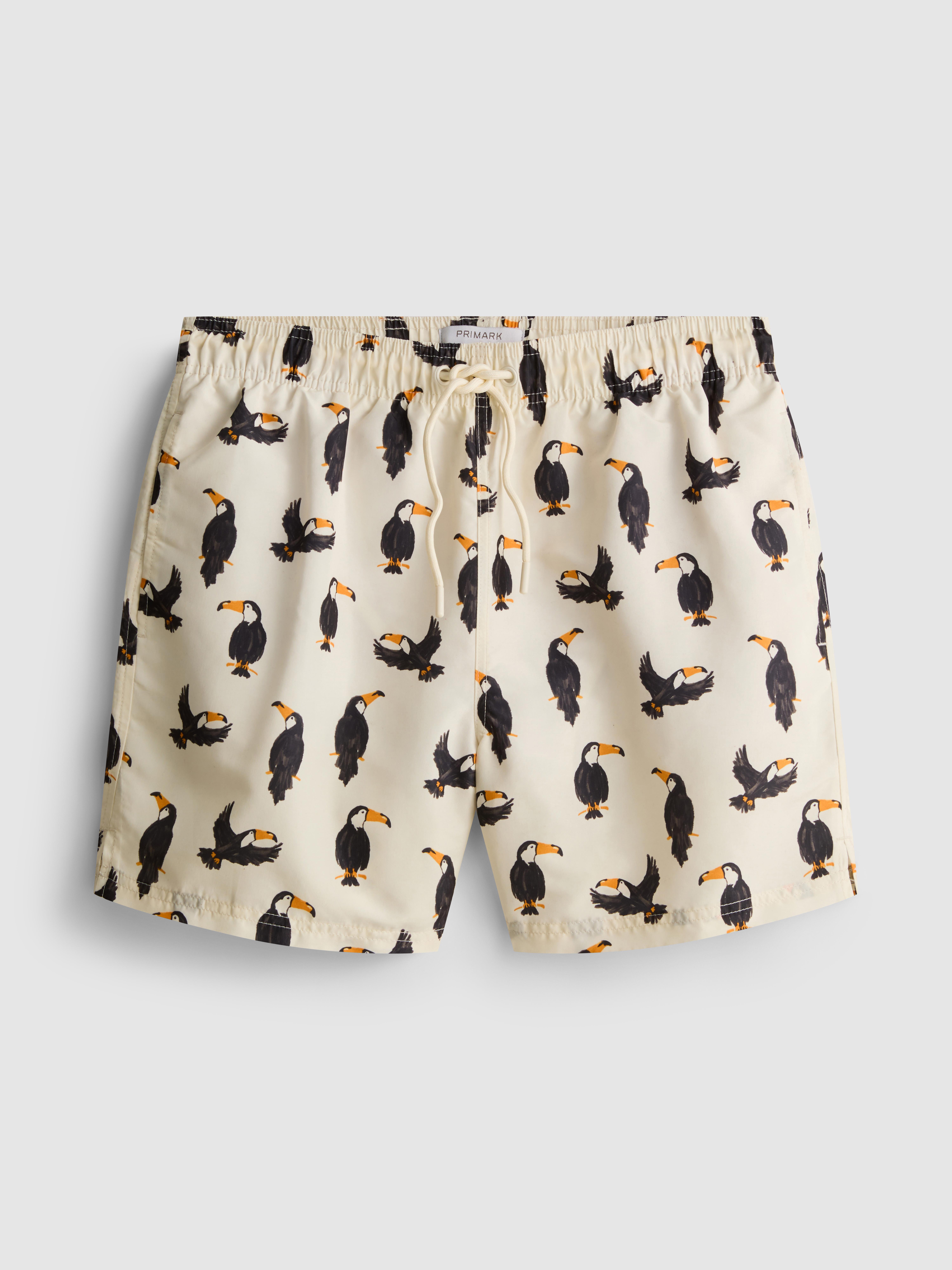 Men's Ivory Toucan Swim Shorts With Drawstring Waistband
