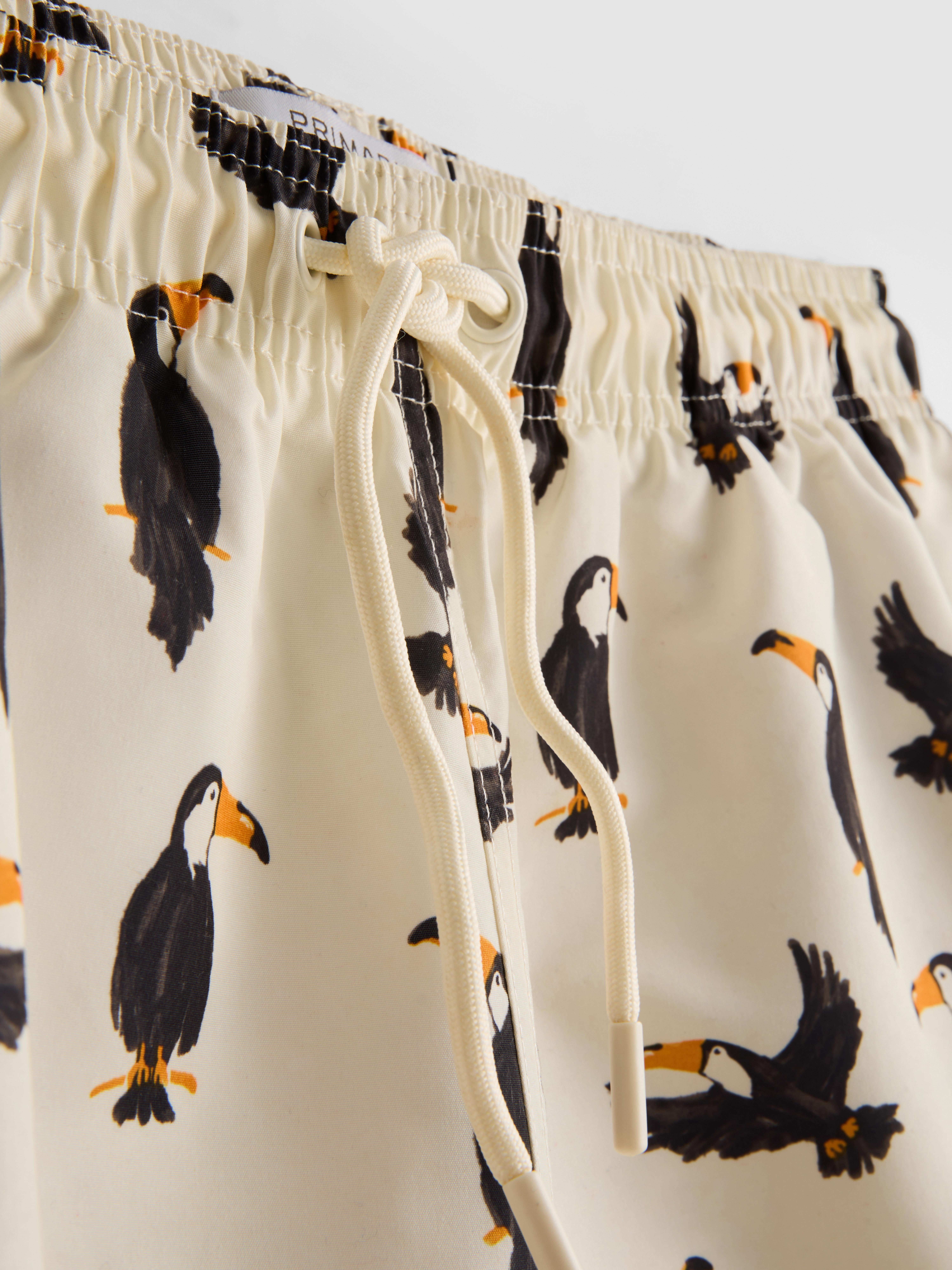 Men's Ivory Toucan Swim Shorts With Drawstring Waistband