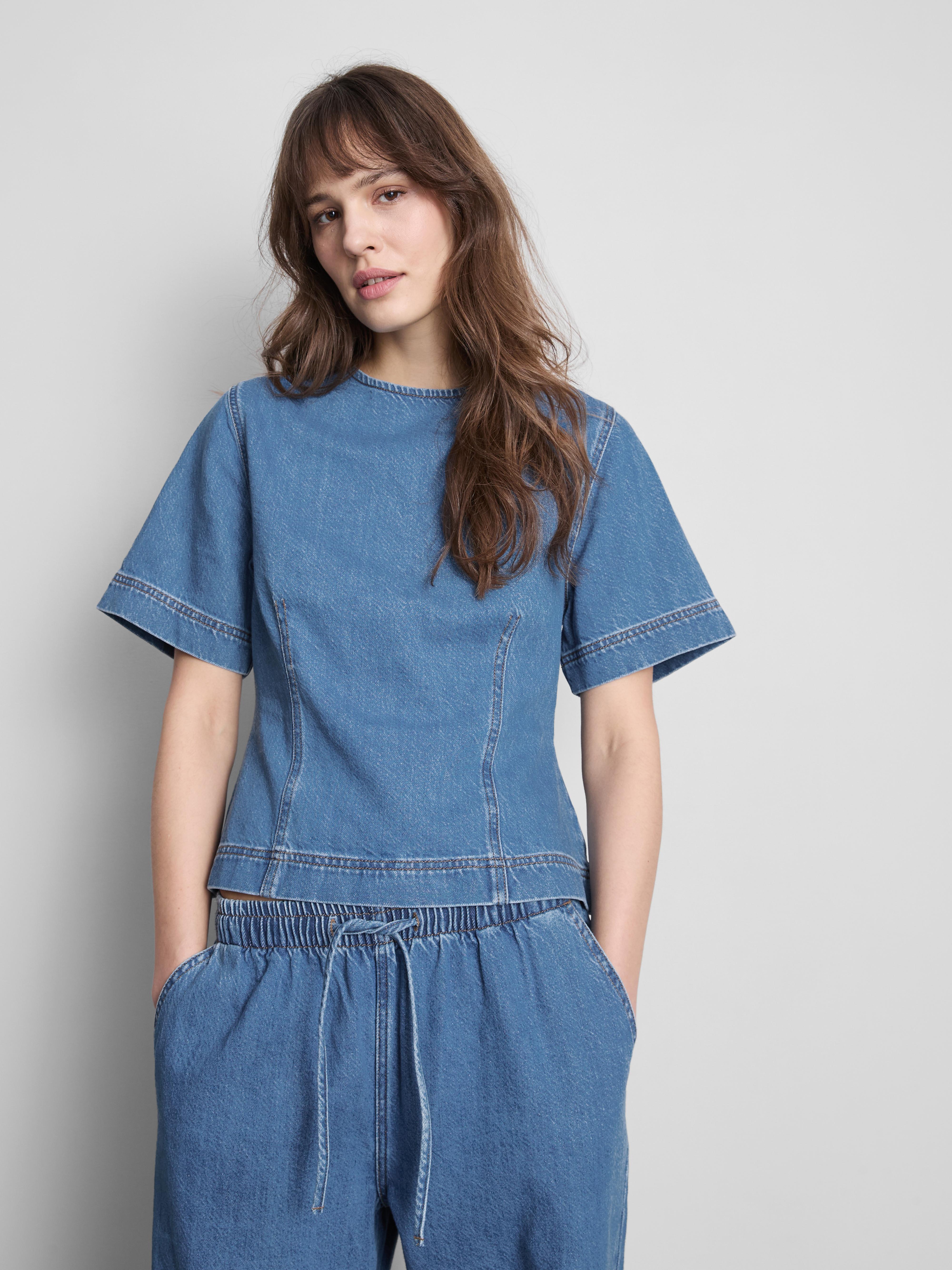 Cotton Denim Structured Crewneck Top