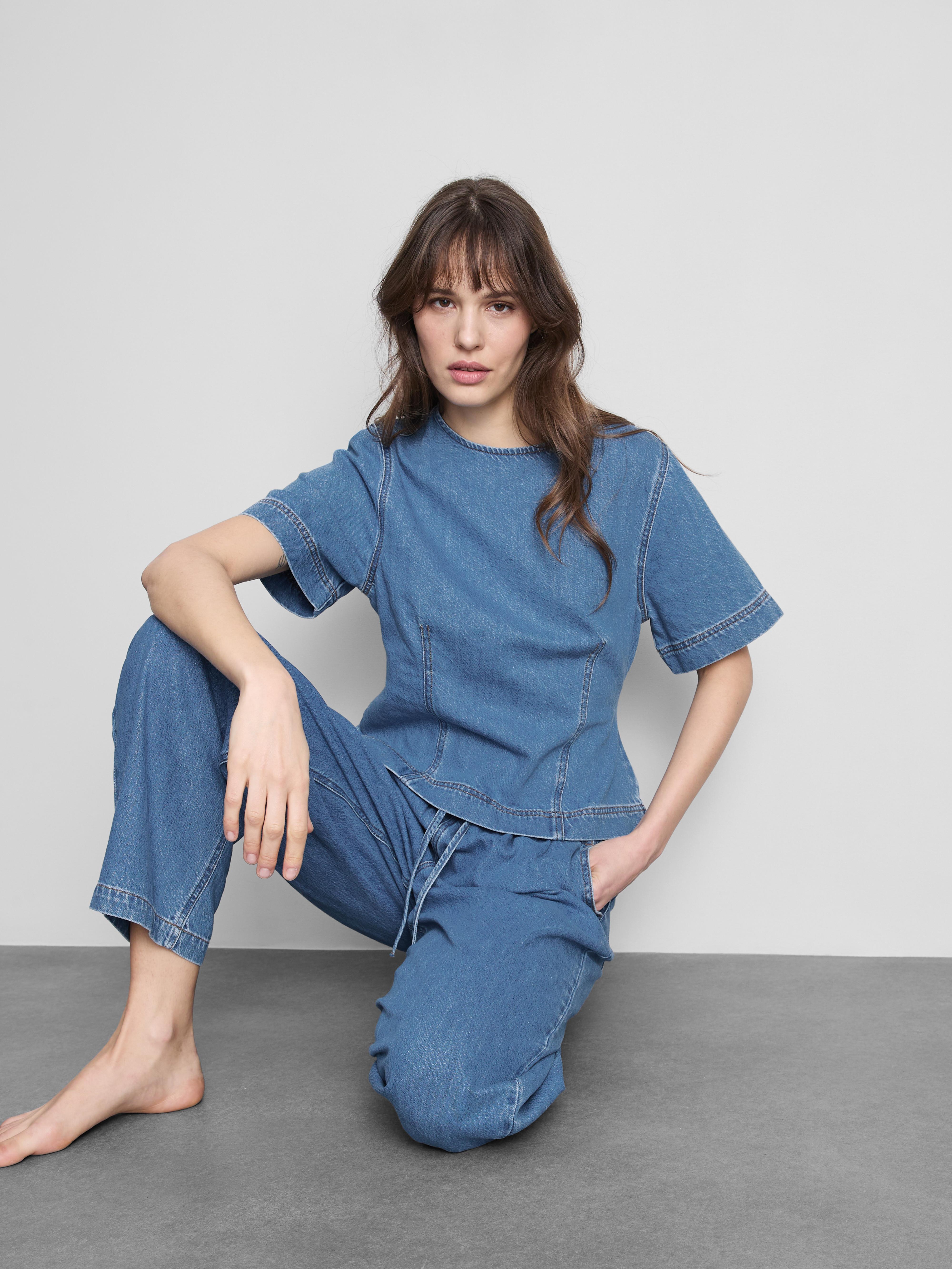 Cotton Denim Structured Crewneck Top