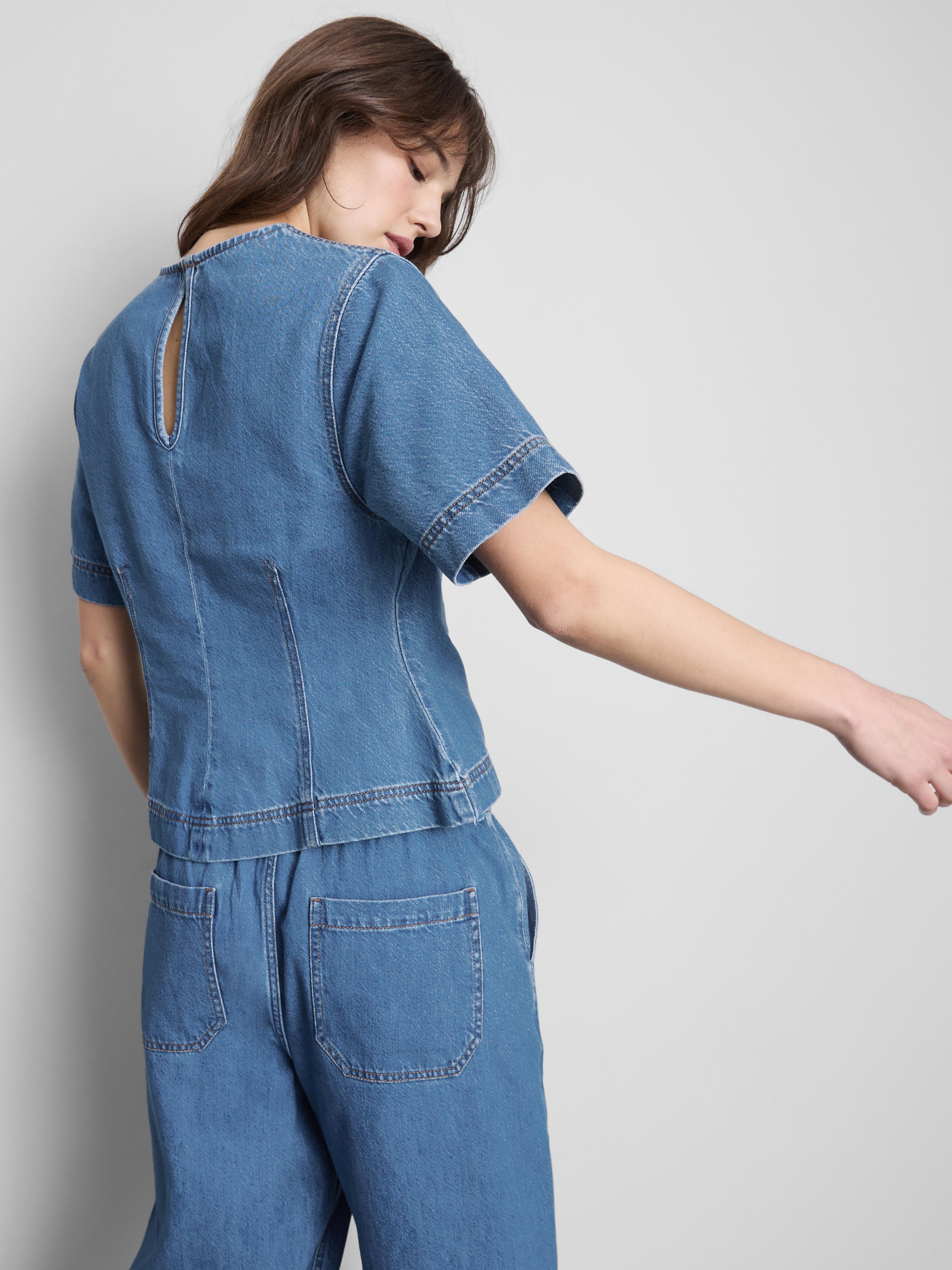 Cotton Denim Structured Crewneck Top