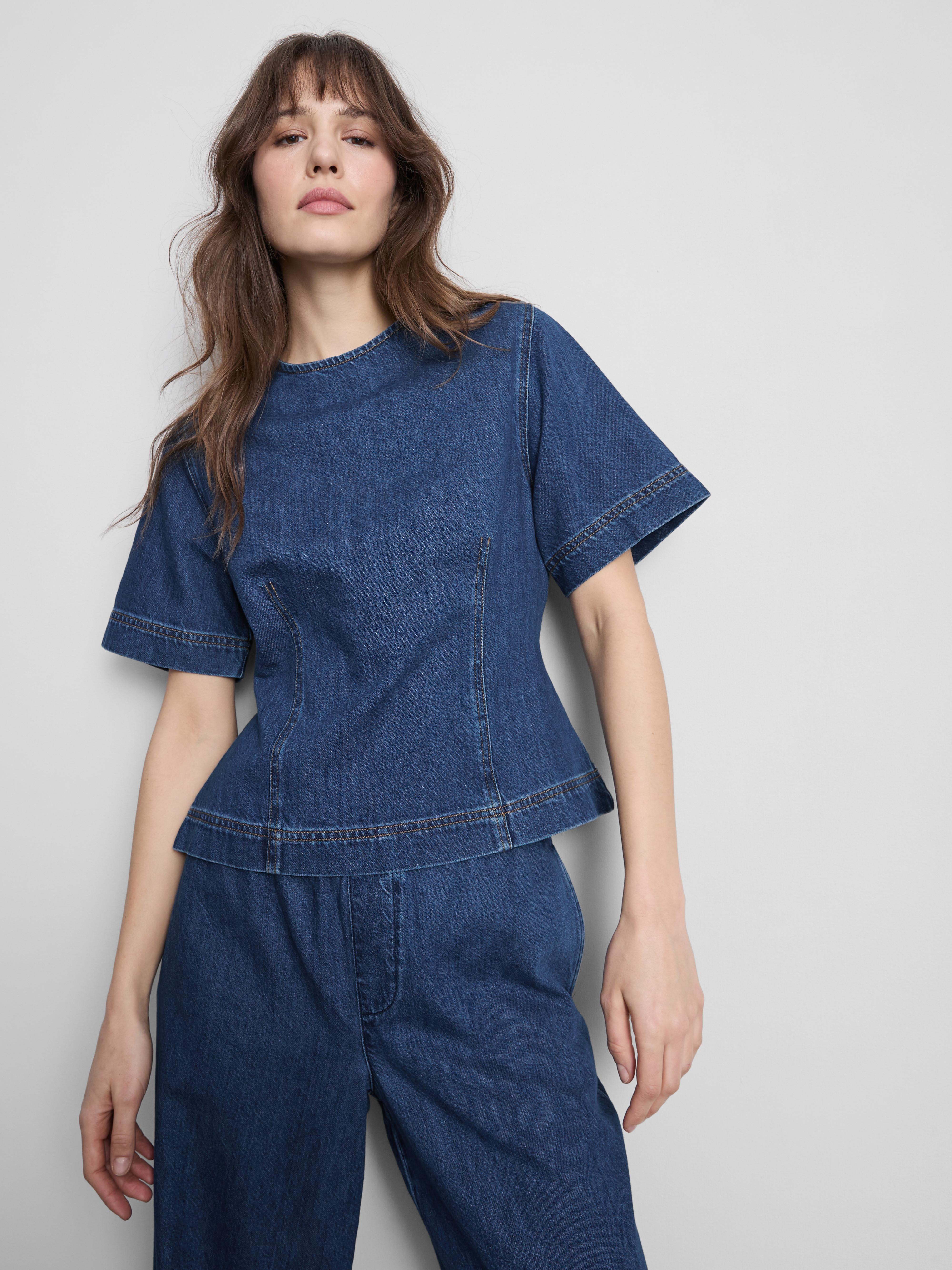 Katoenen denim top met ronde hals