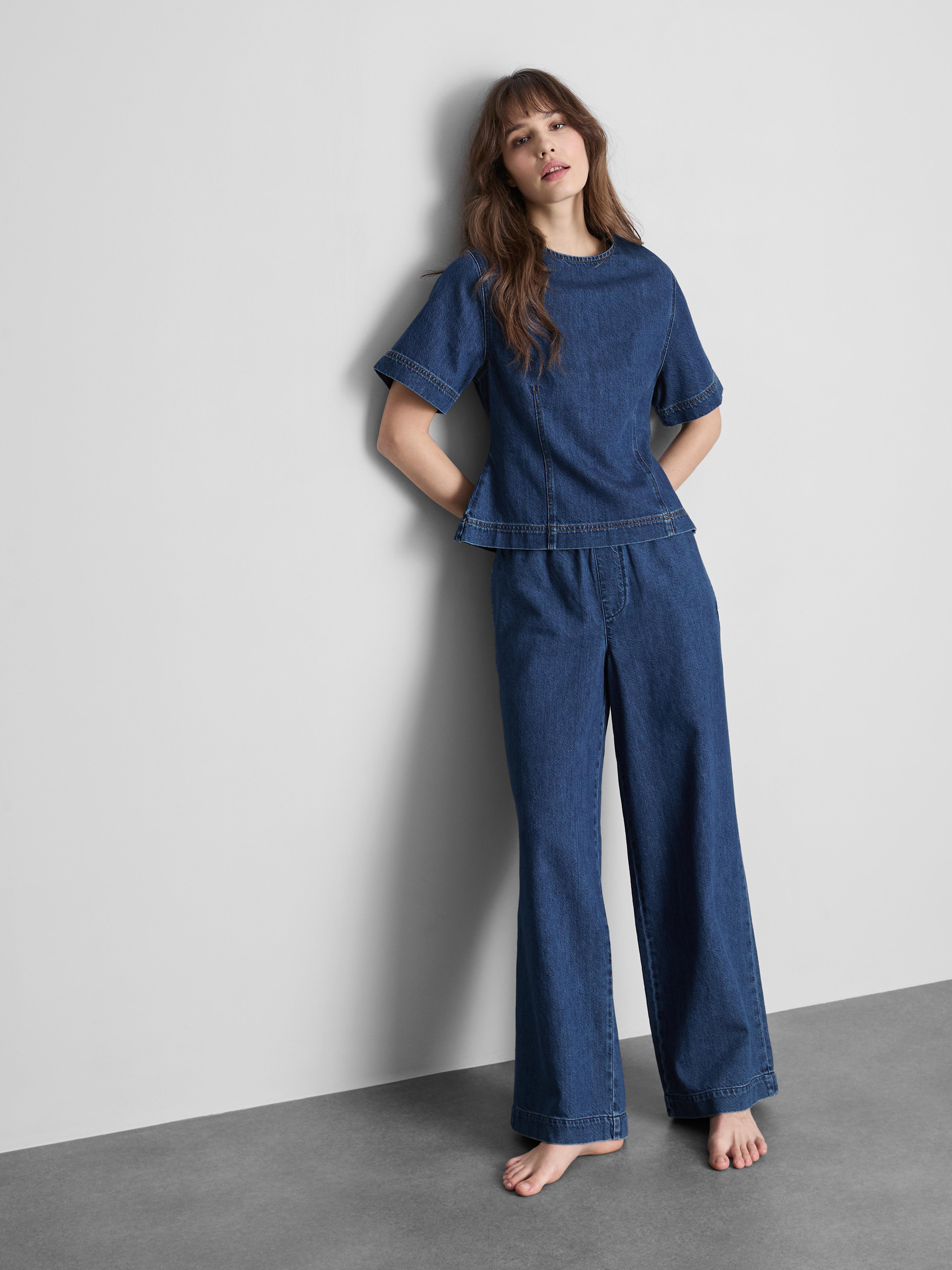 Bawełniany jeansowy top z okrągłym dekoltem