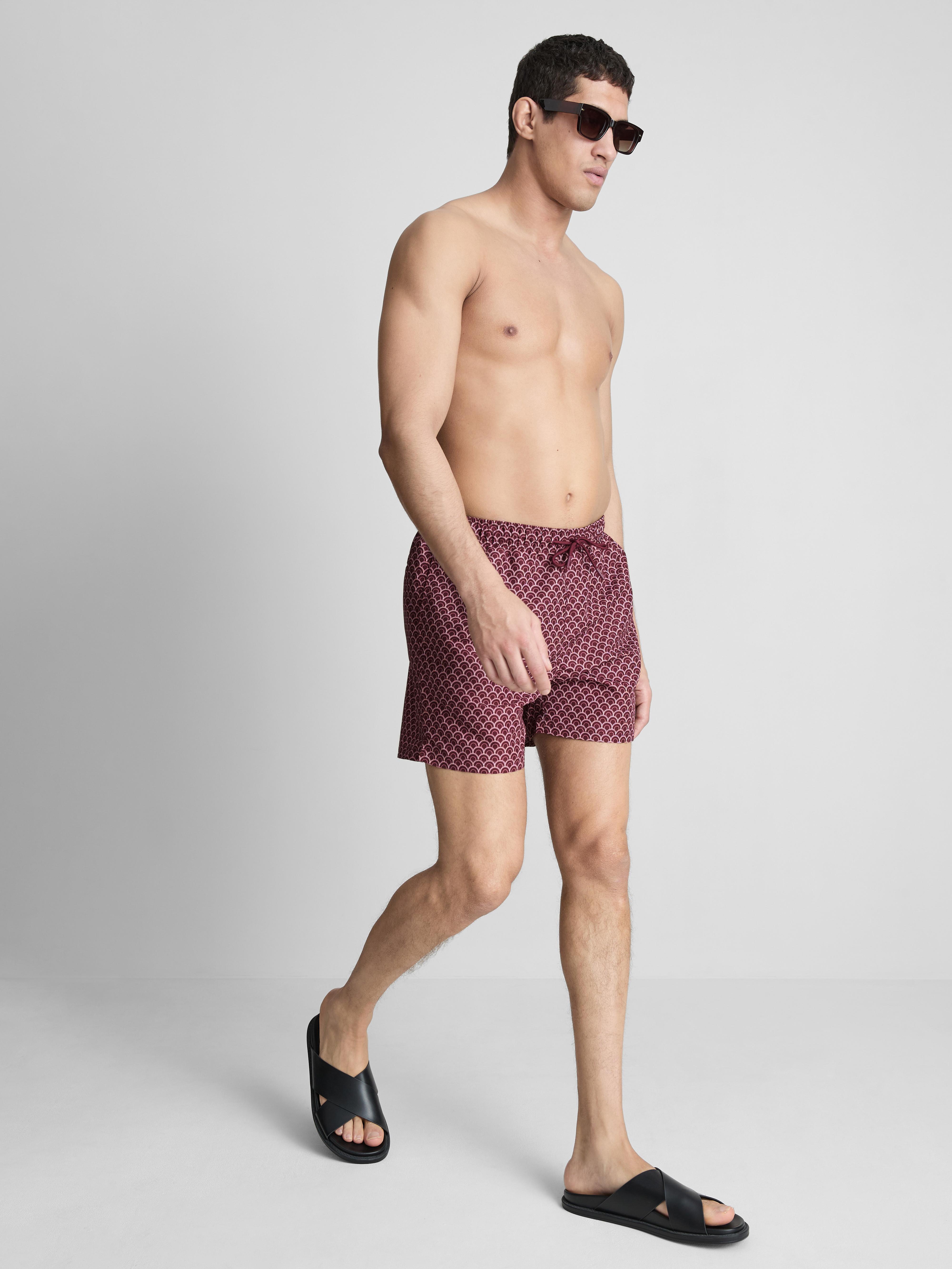 Men's Burgundy Geometric Drawstring Swim Trunks
