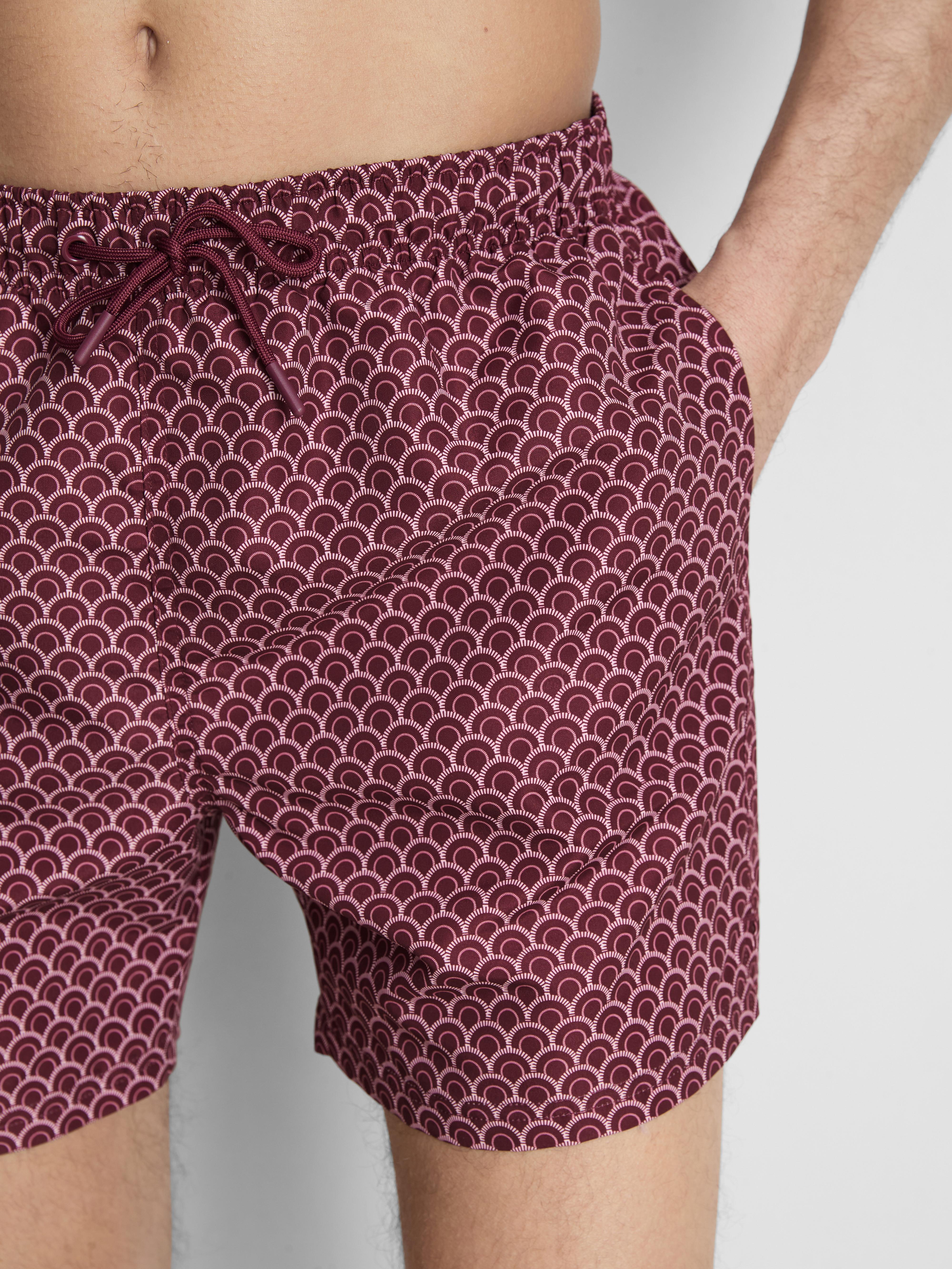 Men's Burgundy Geometric Drawstring Swim Trunks