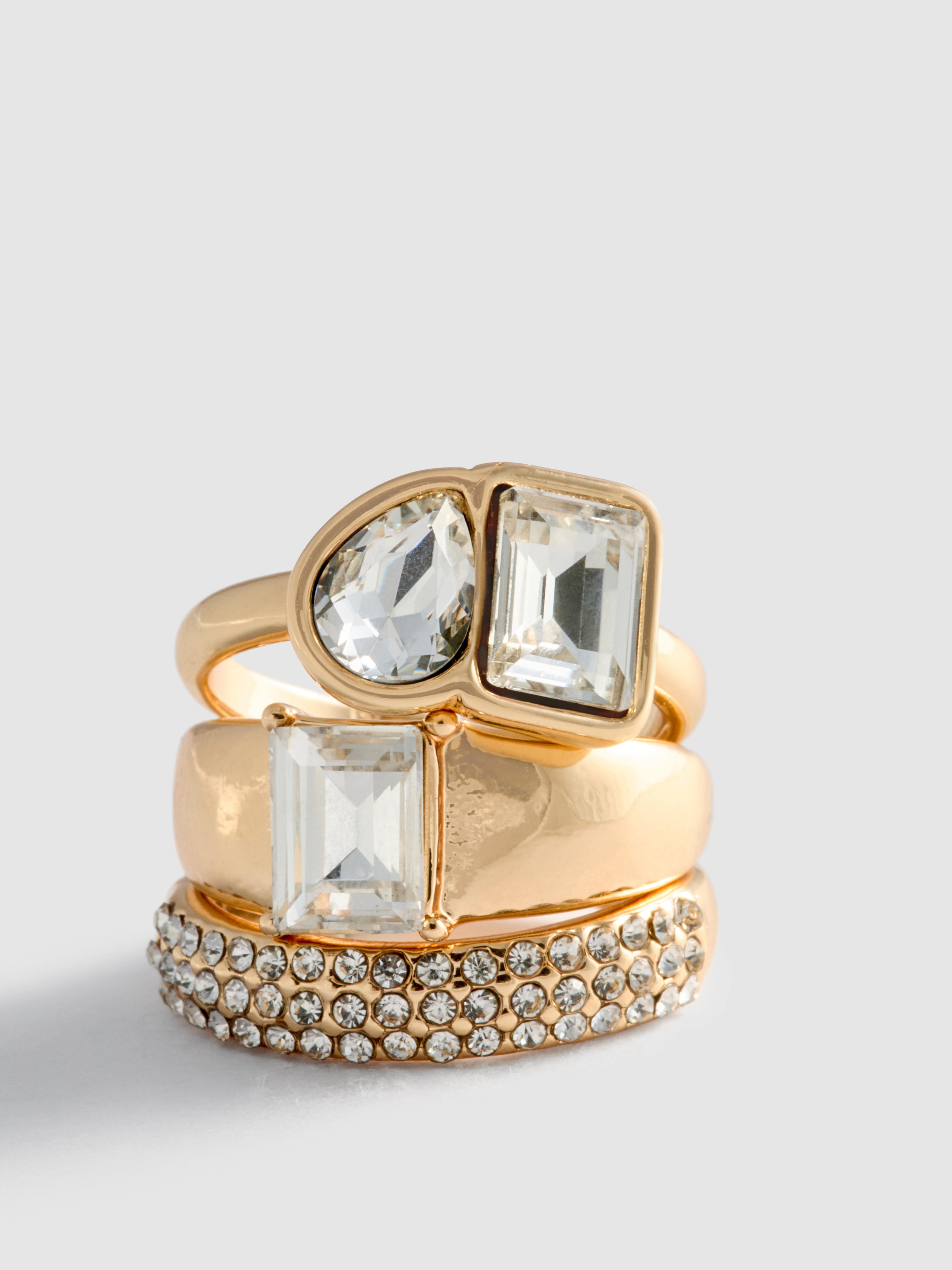 3pk Chunky Diamanté Rings Yellow