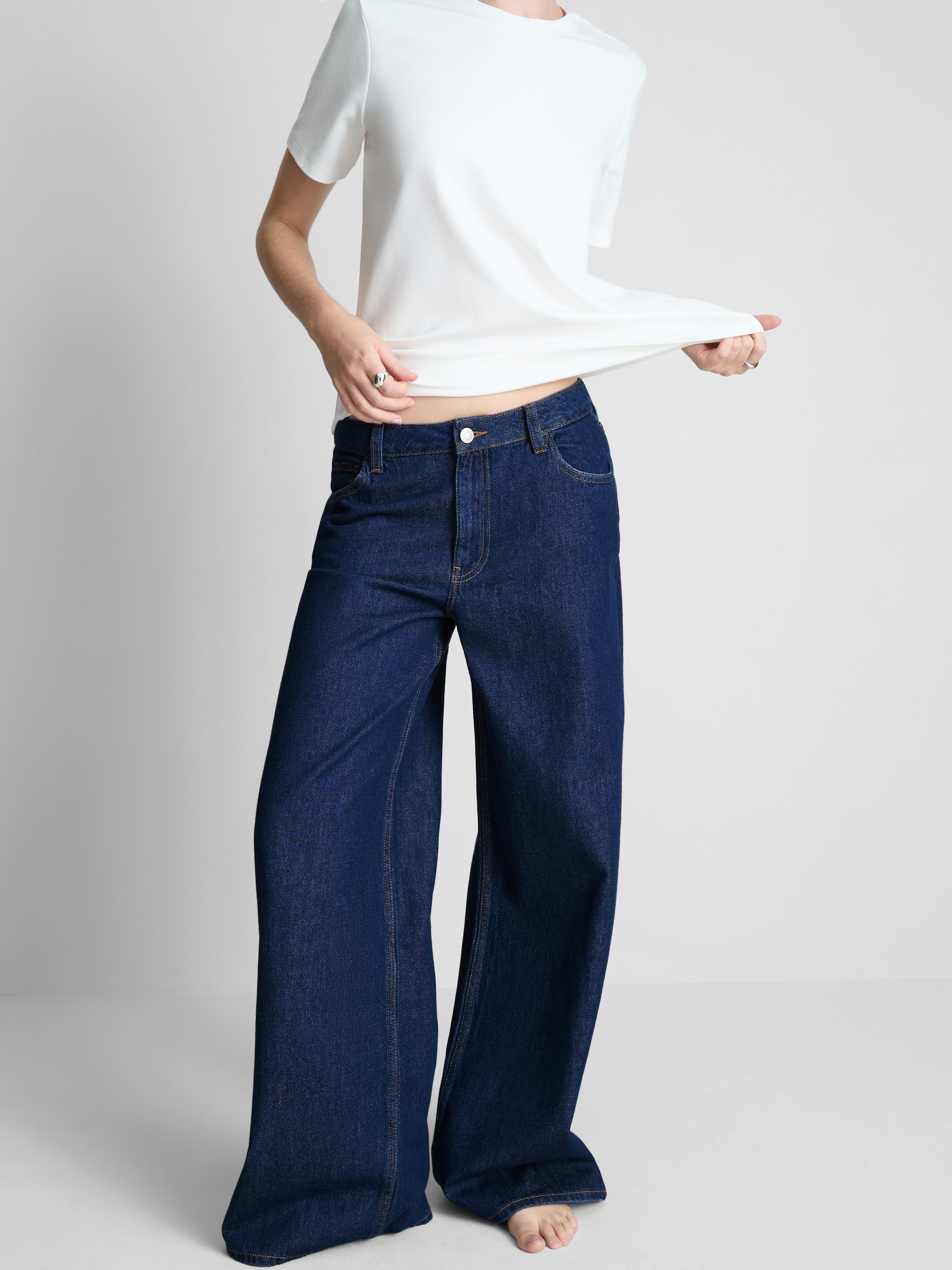 Cotton Denim Wide Leg Jeans