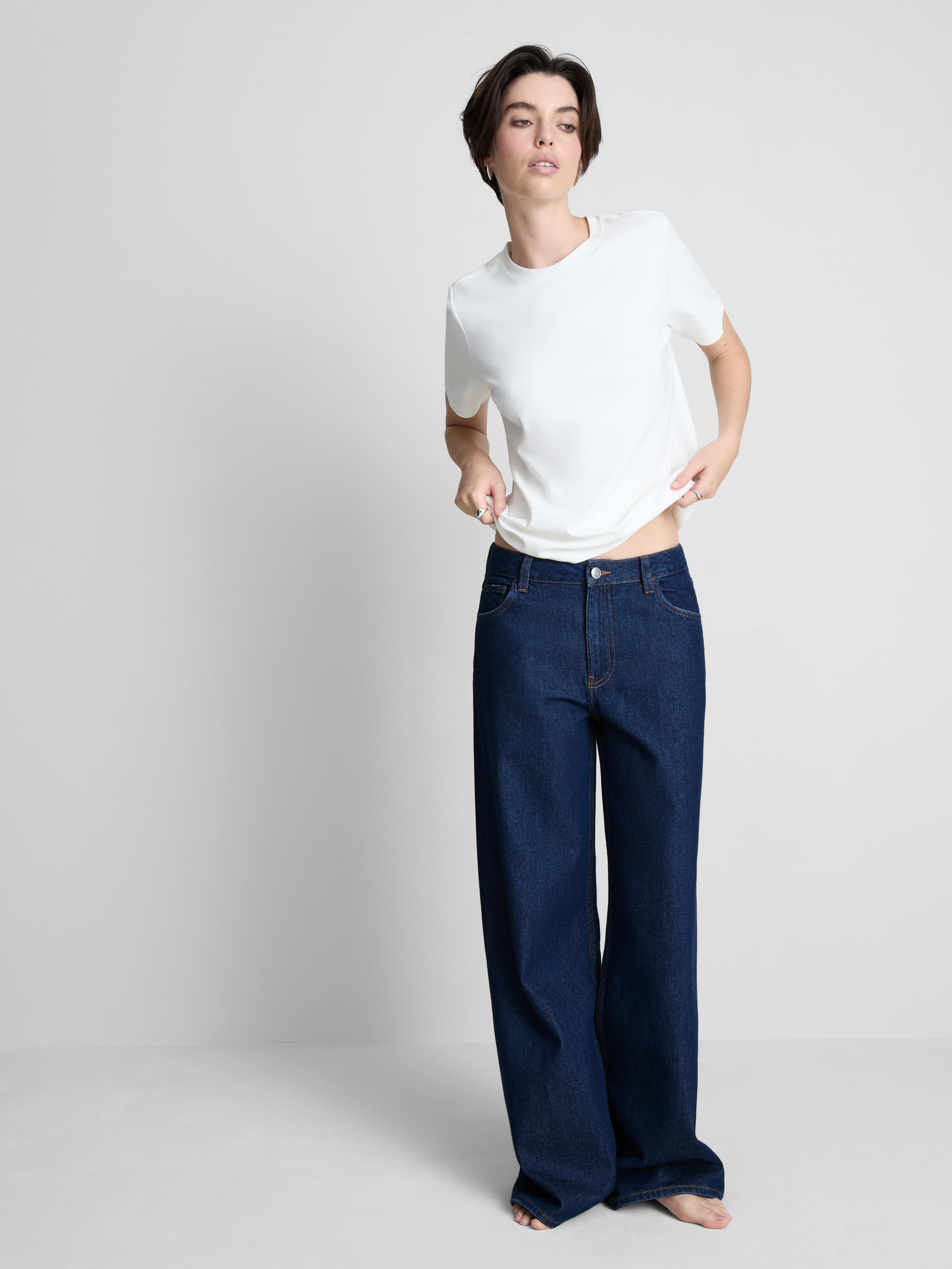 Cotton Denim Wide Leg Jeans