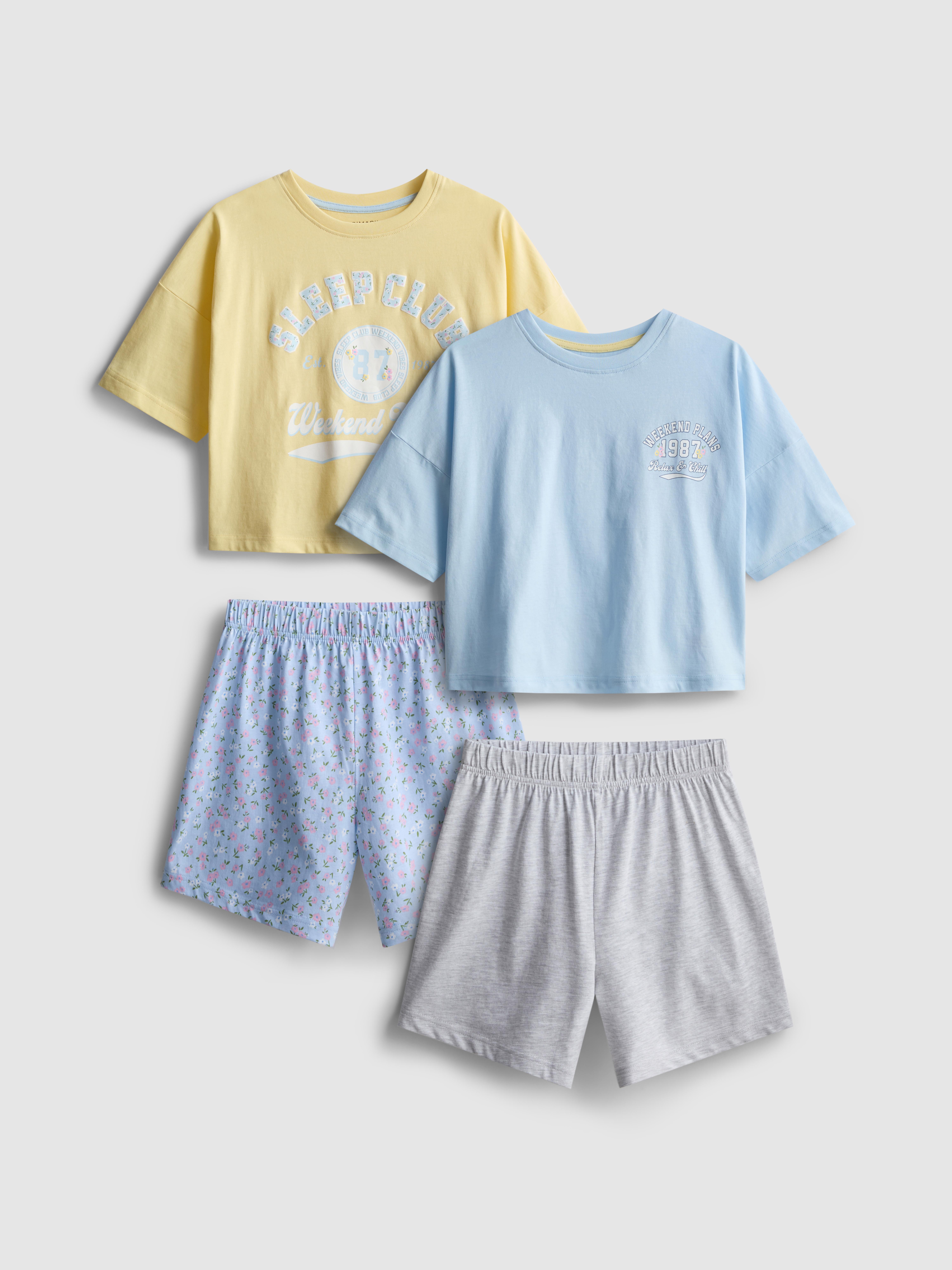 7-15 Jahre | Kurzer Schlafanzug mit Blumen- und College-Grafik, 2er-Pack