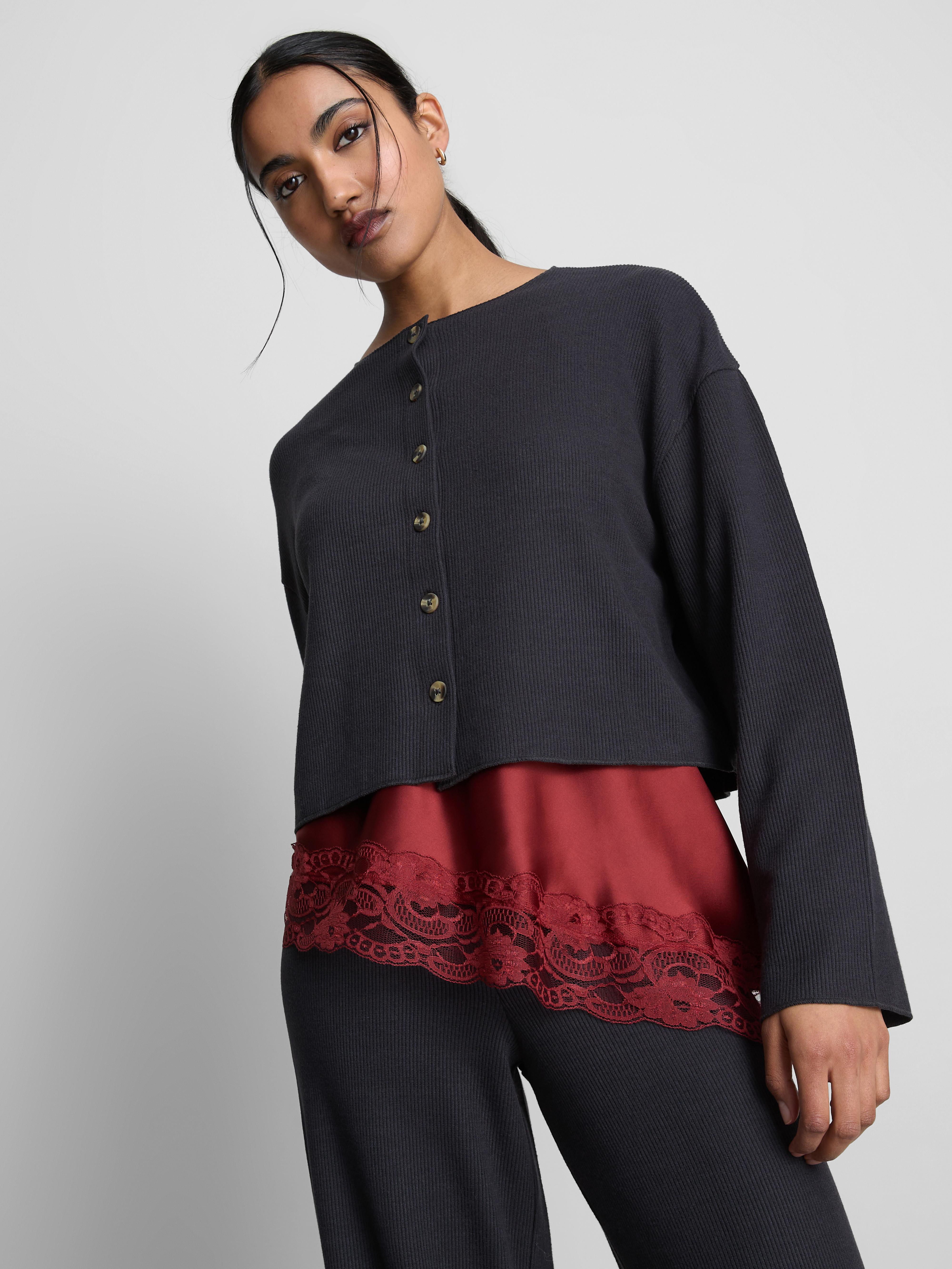 Ribbed Jersey Round-Neck Cardigan