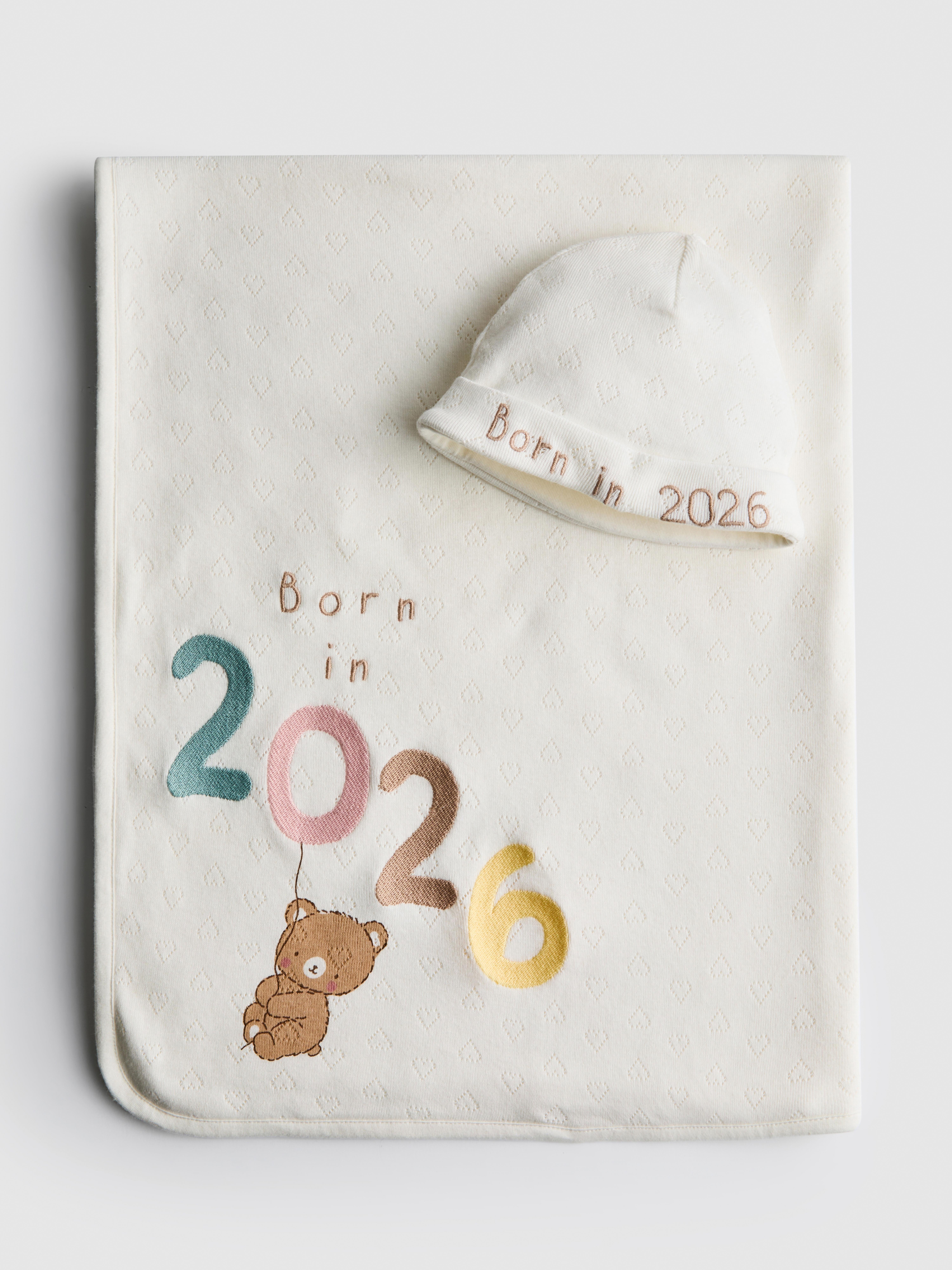 Born in 2026 Pointelle Hat and Blanket Accessory Set