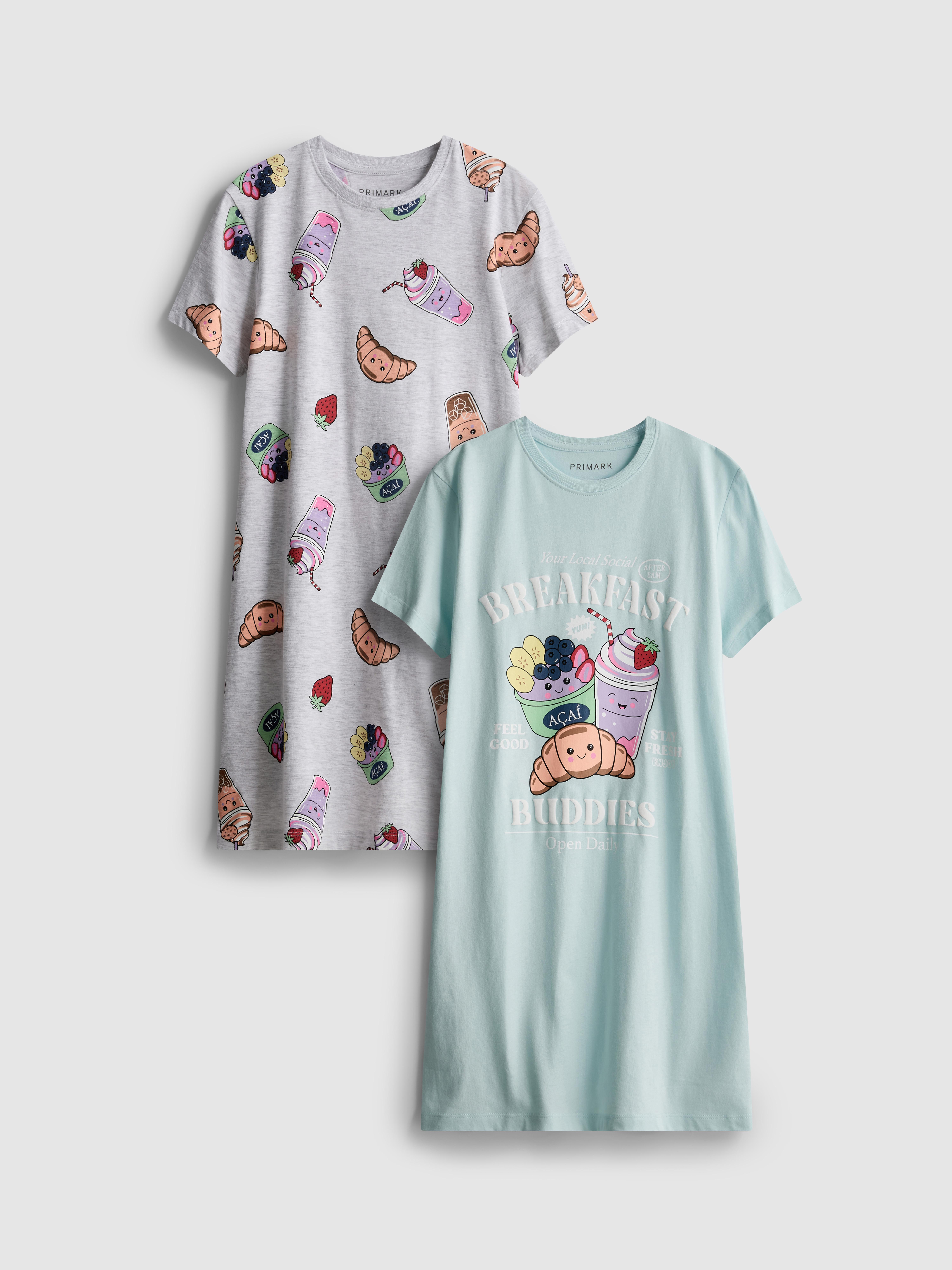 7-15 jr | Slaapshirts met ontbijtprint, set van 2