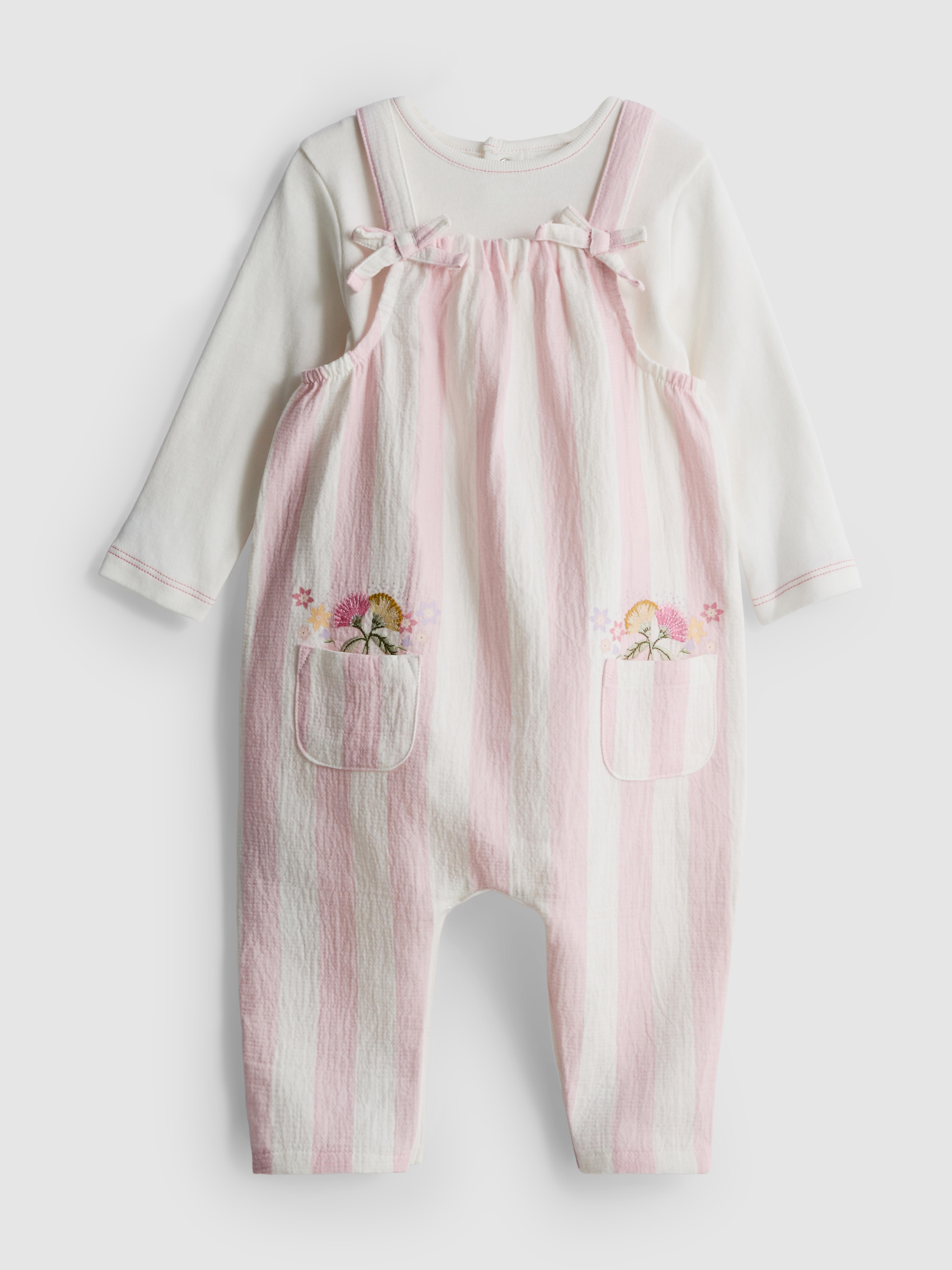 0-18mths | Long Sleeve Bodysuit and Stripe Dungarees Newborn Set
