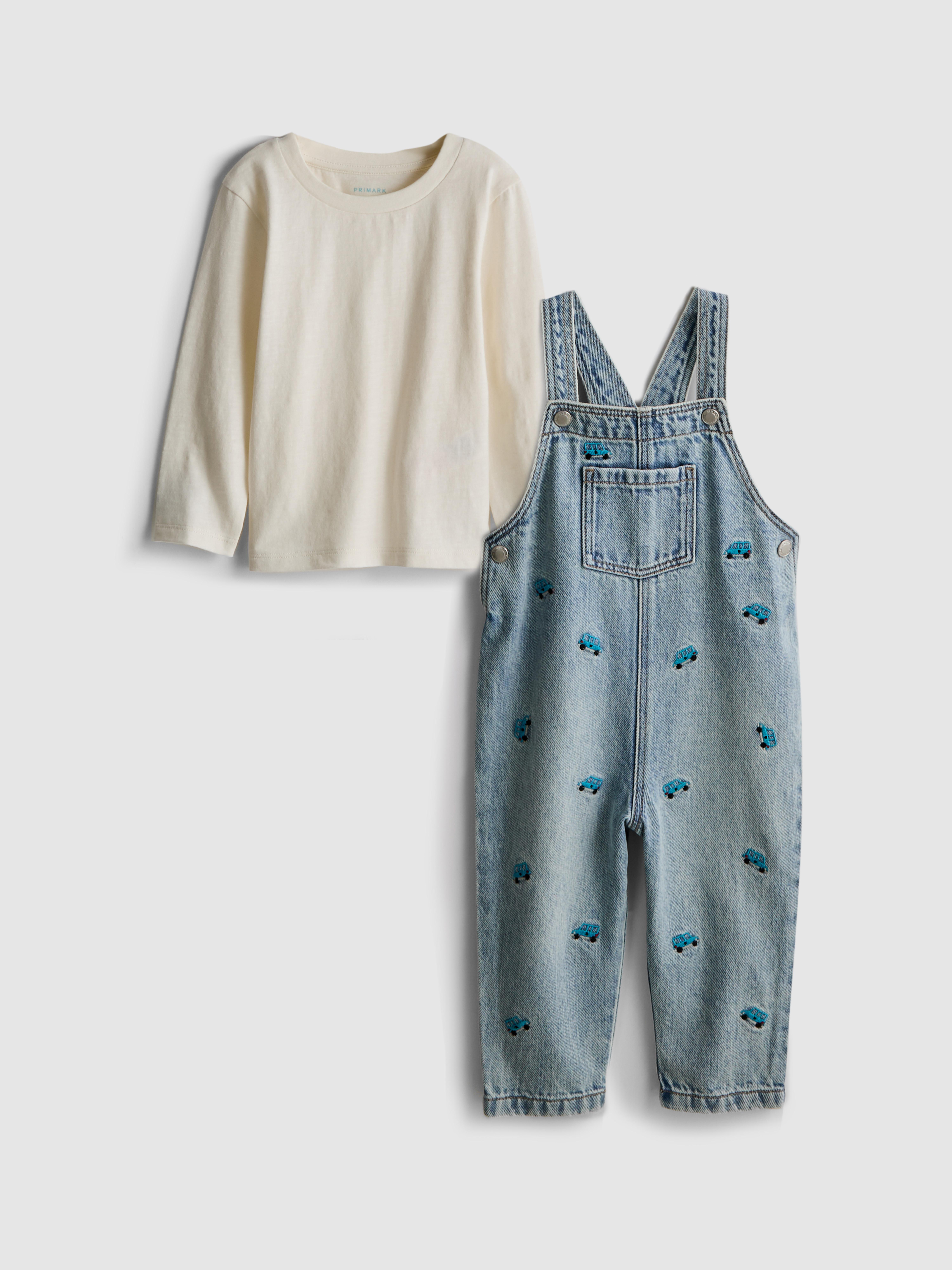 0-36mths | Long-Sleeve T-Shirt and Embroidered Denim Overalls Set