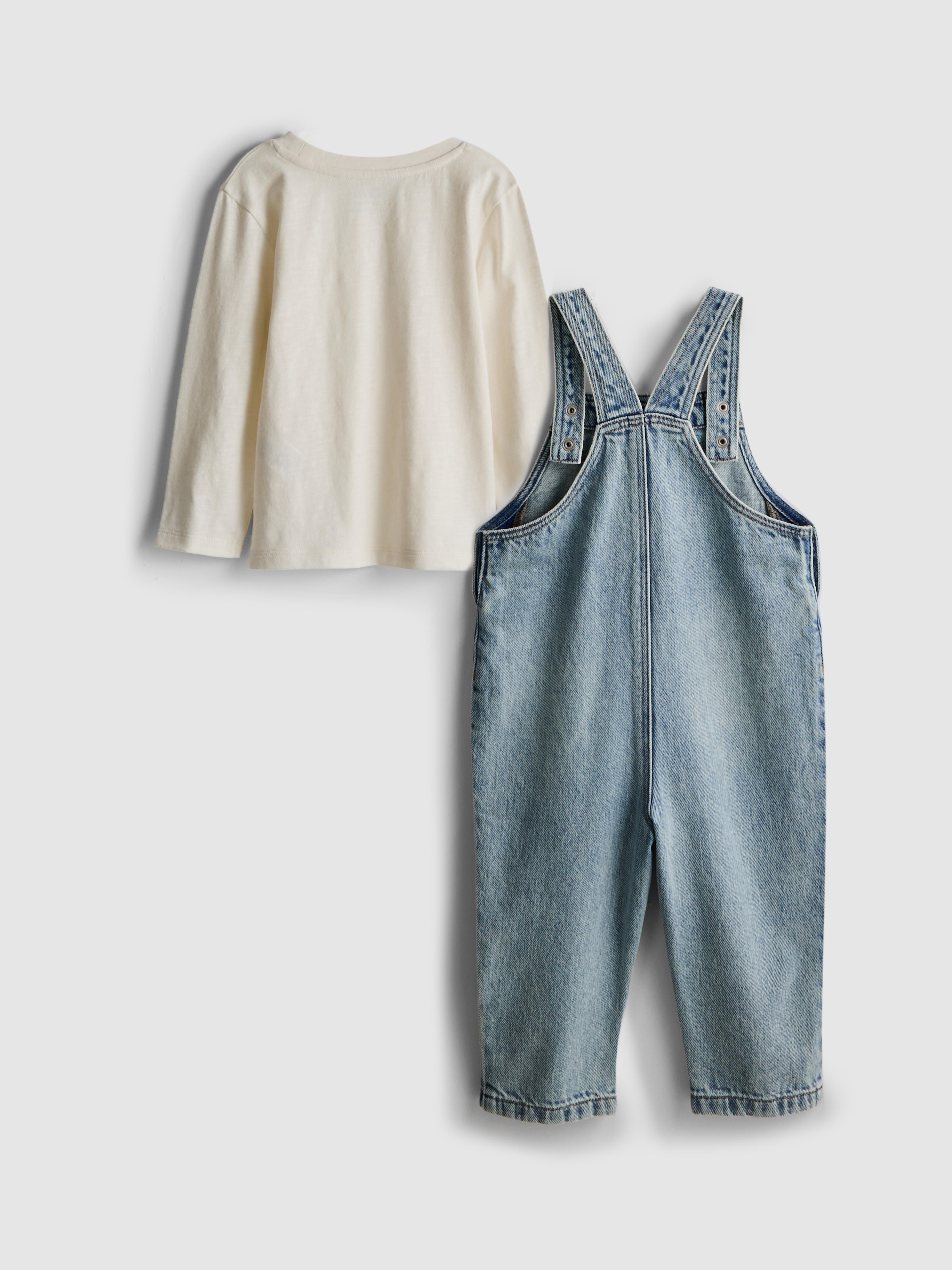 0-36mths | Long-Sleeve T-Shirt and Embroidered Denim Overalls Set