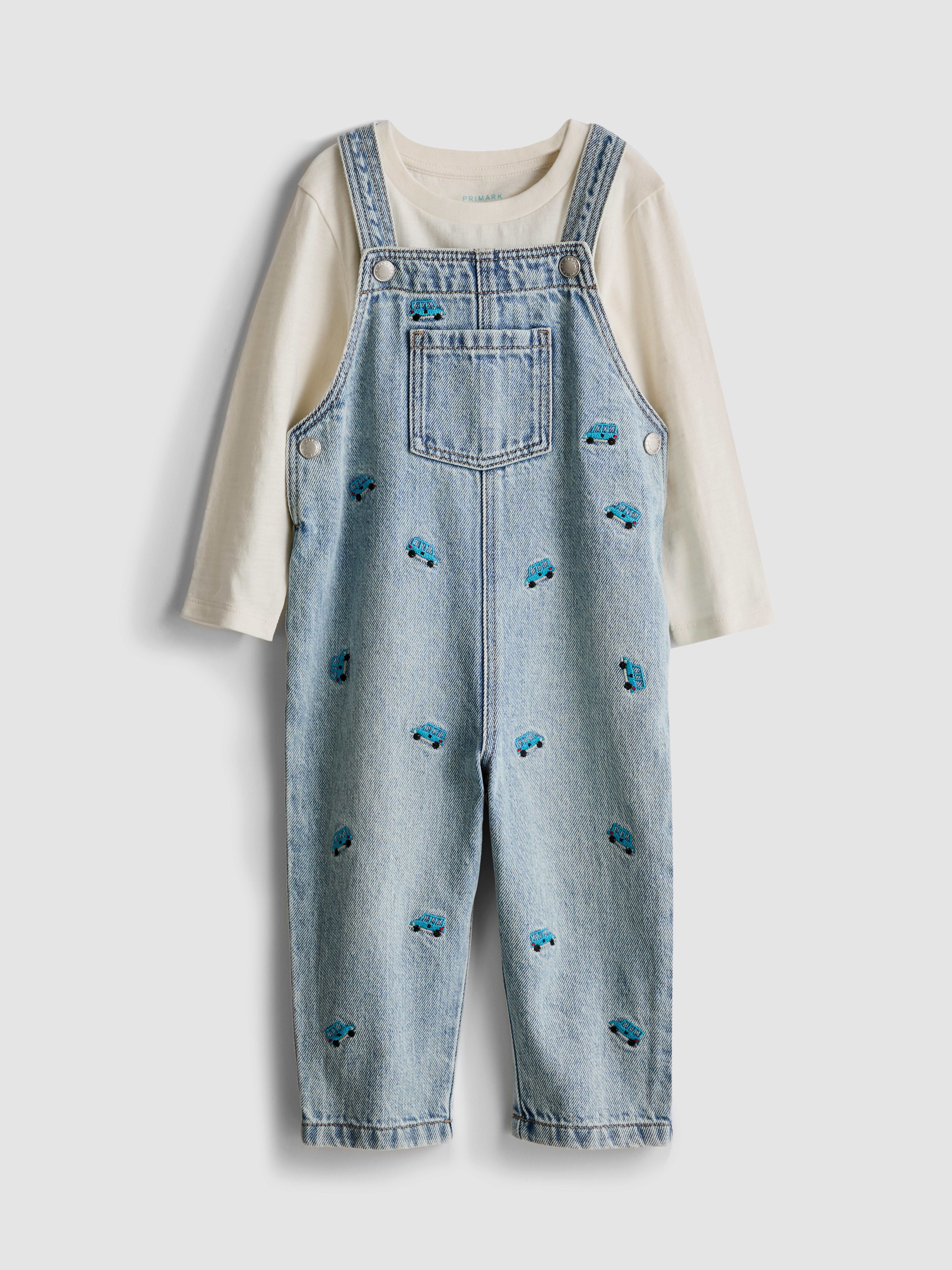 0-36mths | Long-Sleeve T-Shirt and Embroidered Denim Overalls Set