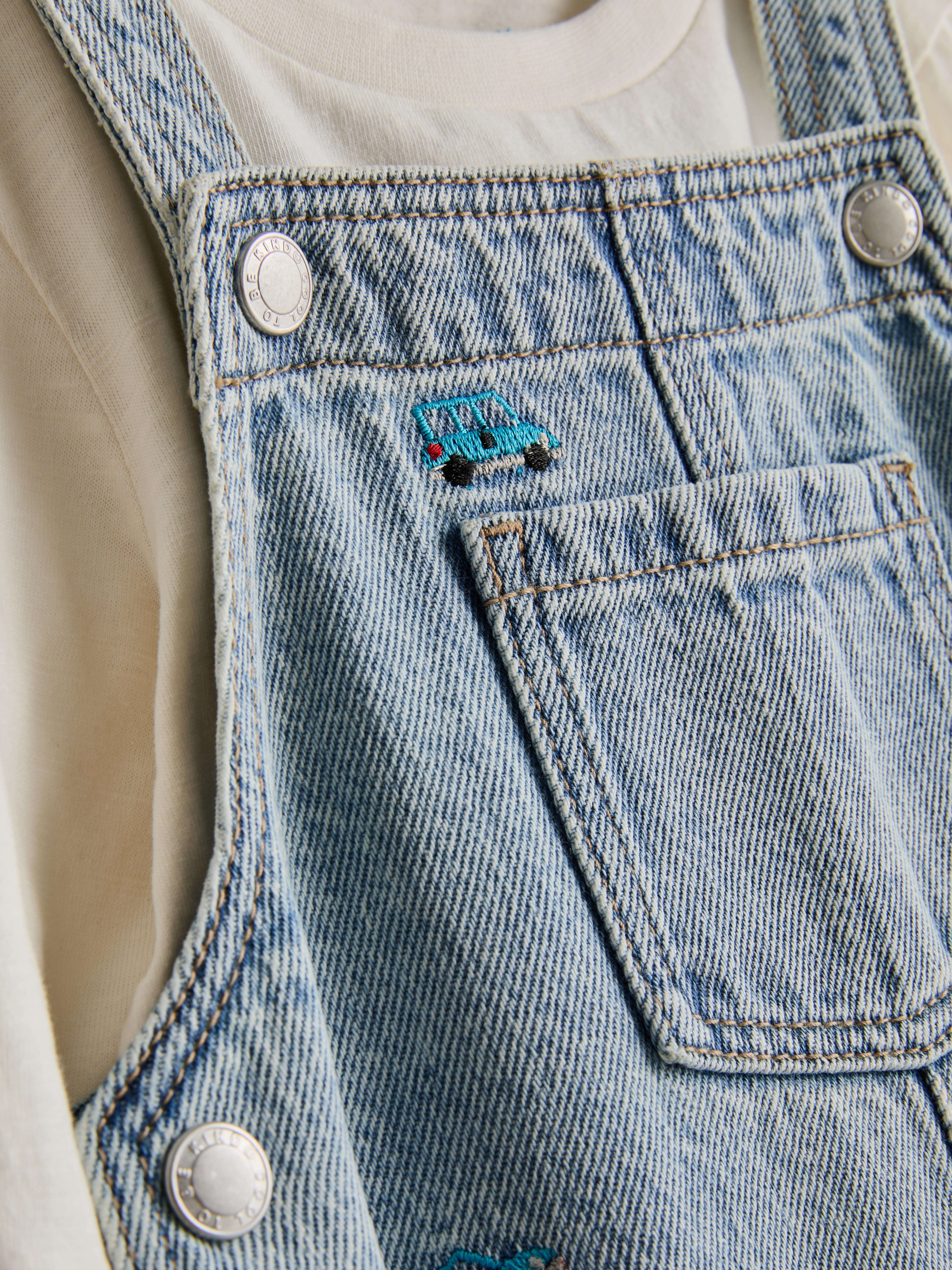 0-36mths | Long-Sleeve T-Shirt and Embroidered Denim Overalls Set