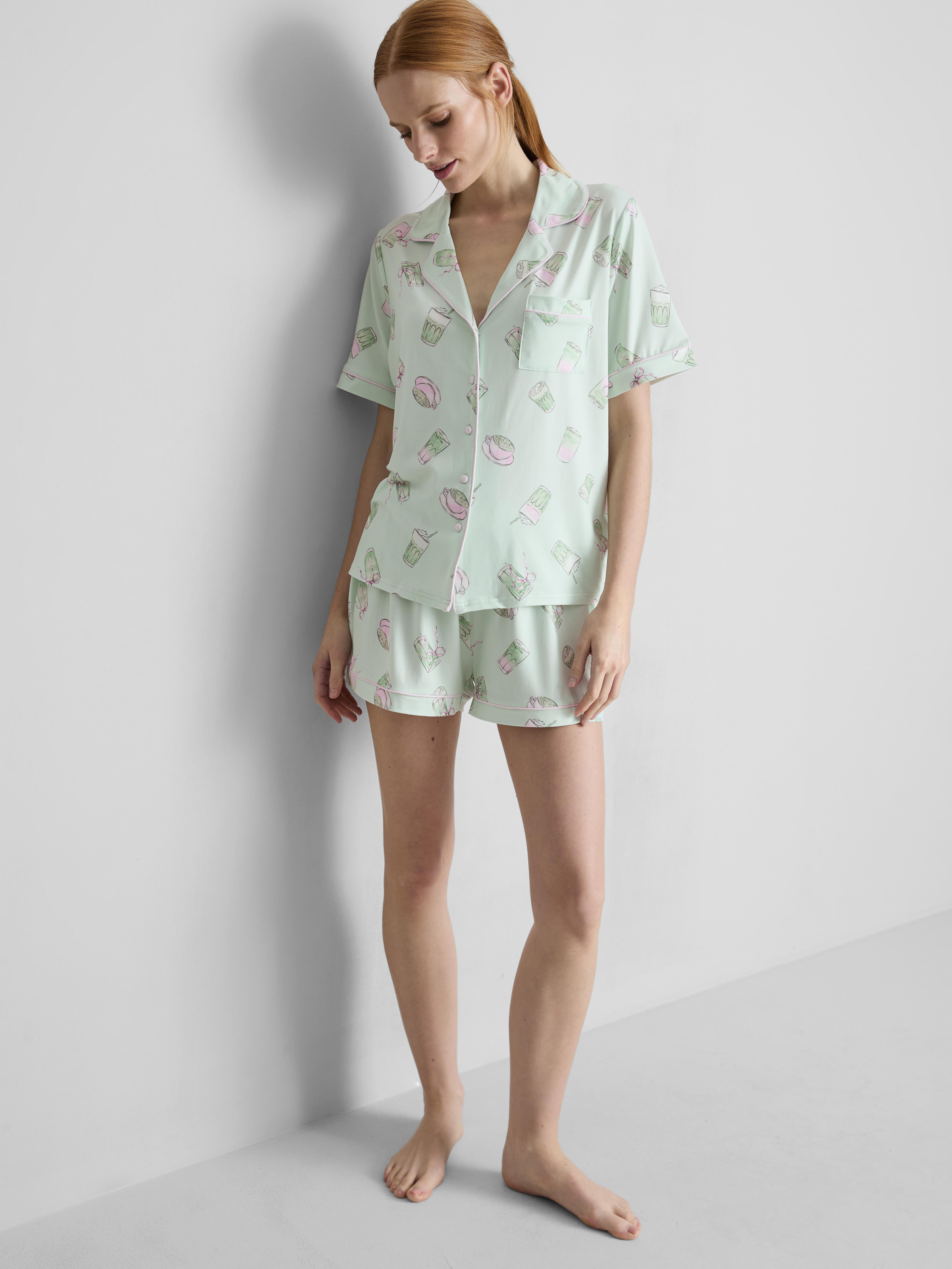 Pijamale scurți boyfriend cu model Matcha