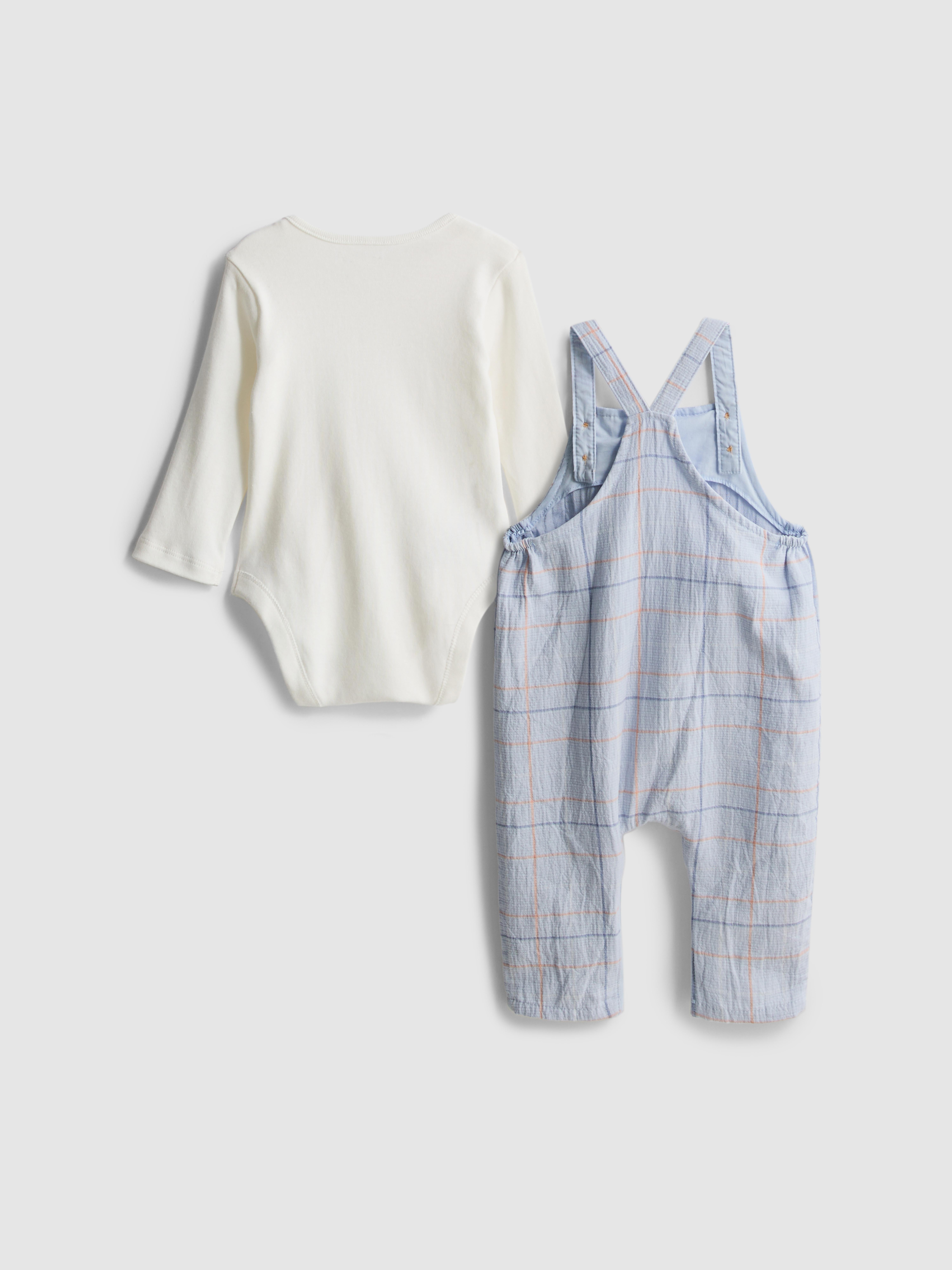 0-18mths | Newborn Checked Dungaree Romper Set