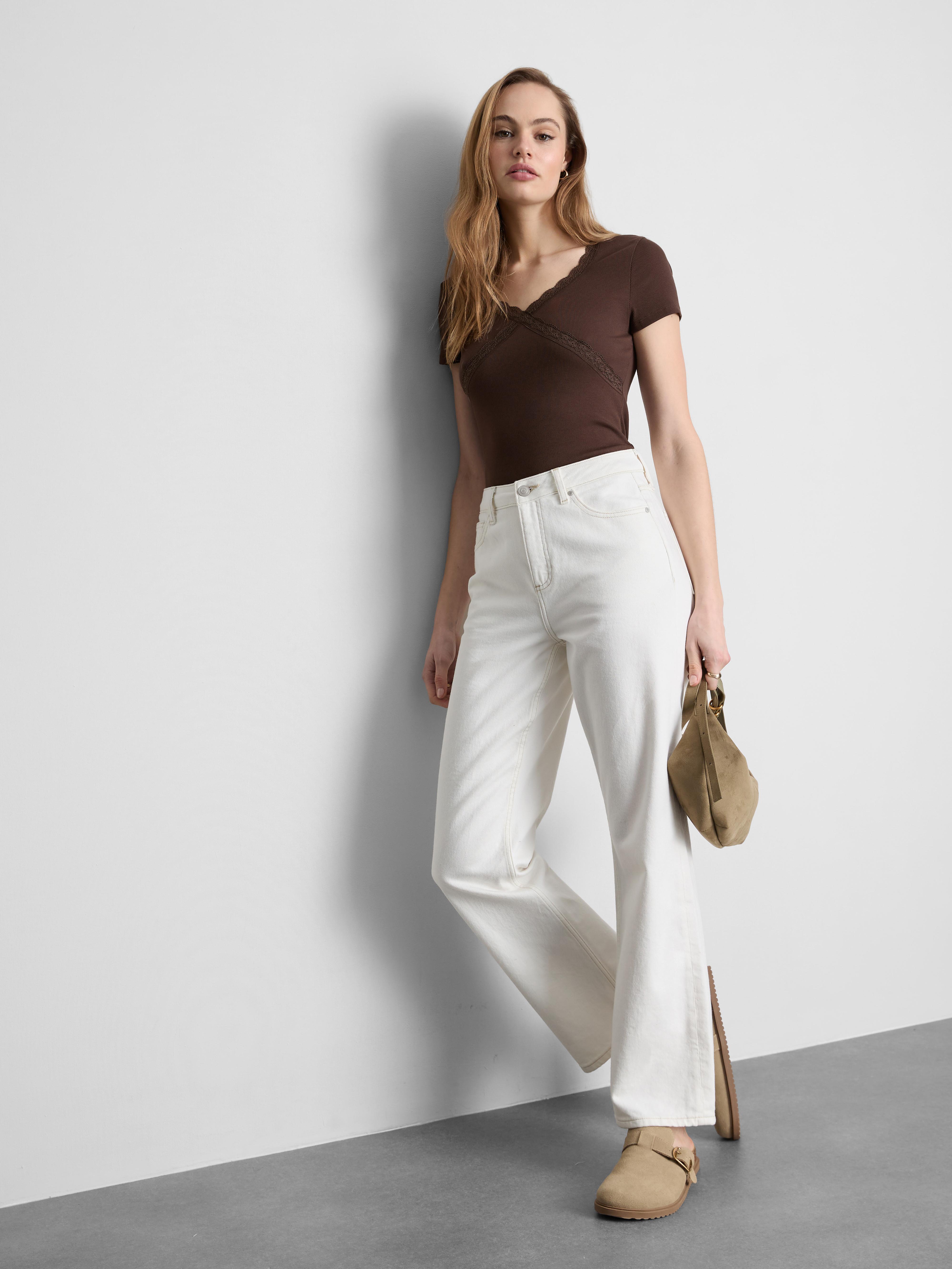 Cotton-Rich Lace-Trim Short-Sleeve Tee Chocolate