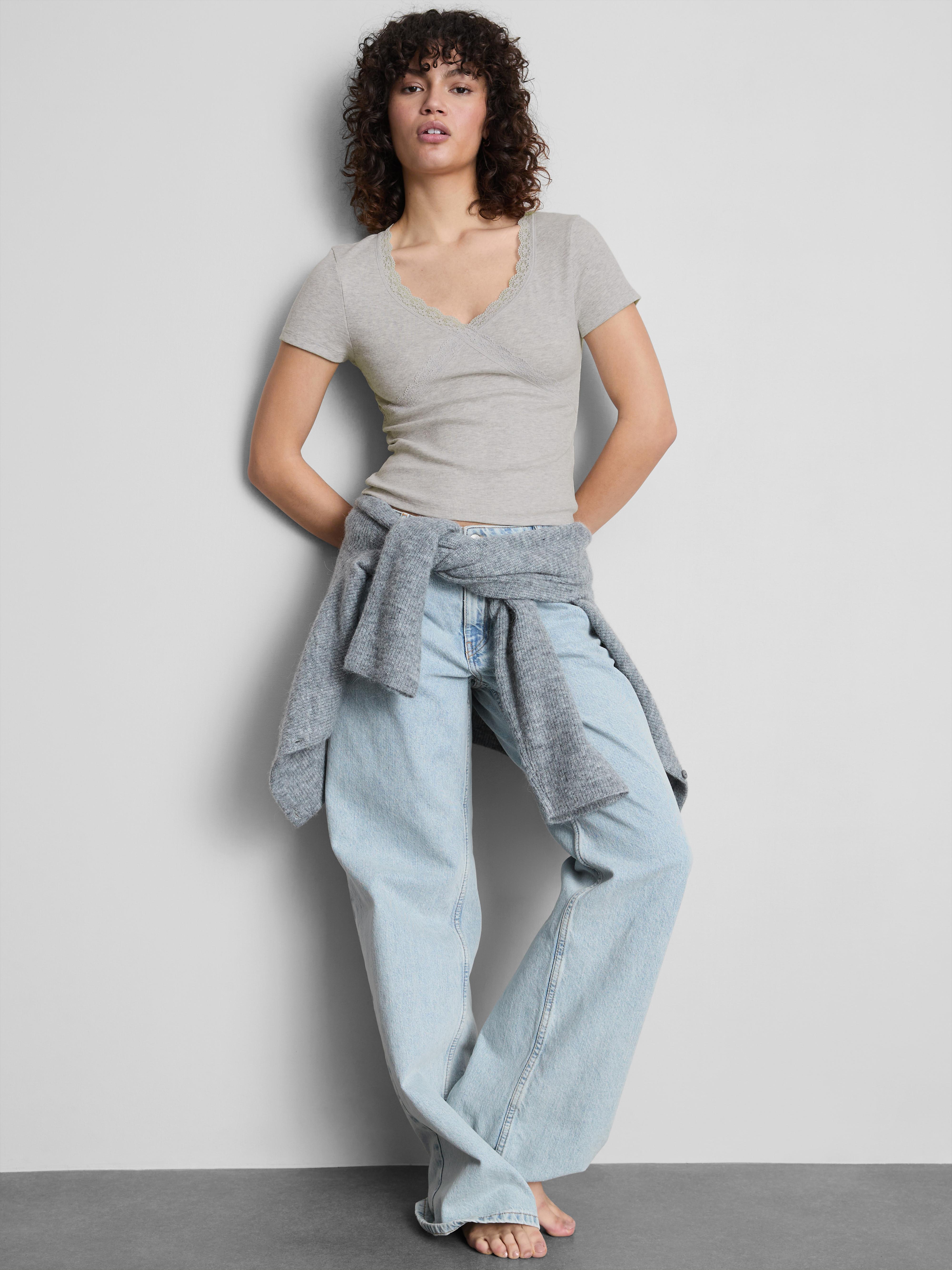 Cotton-Rich Lace-Trim Short-Sleeve Tee Gray Heather