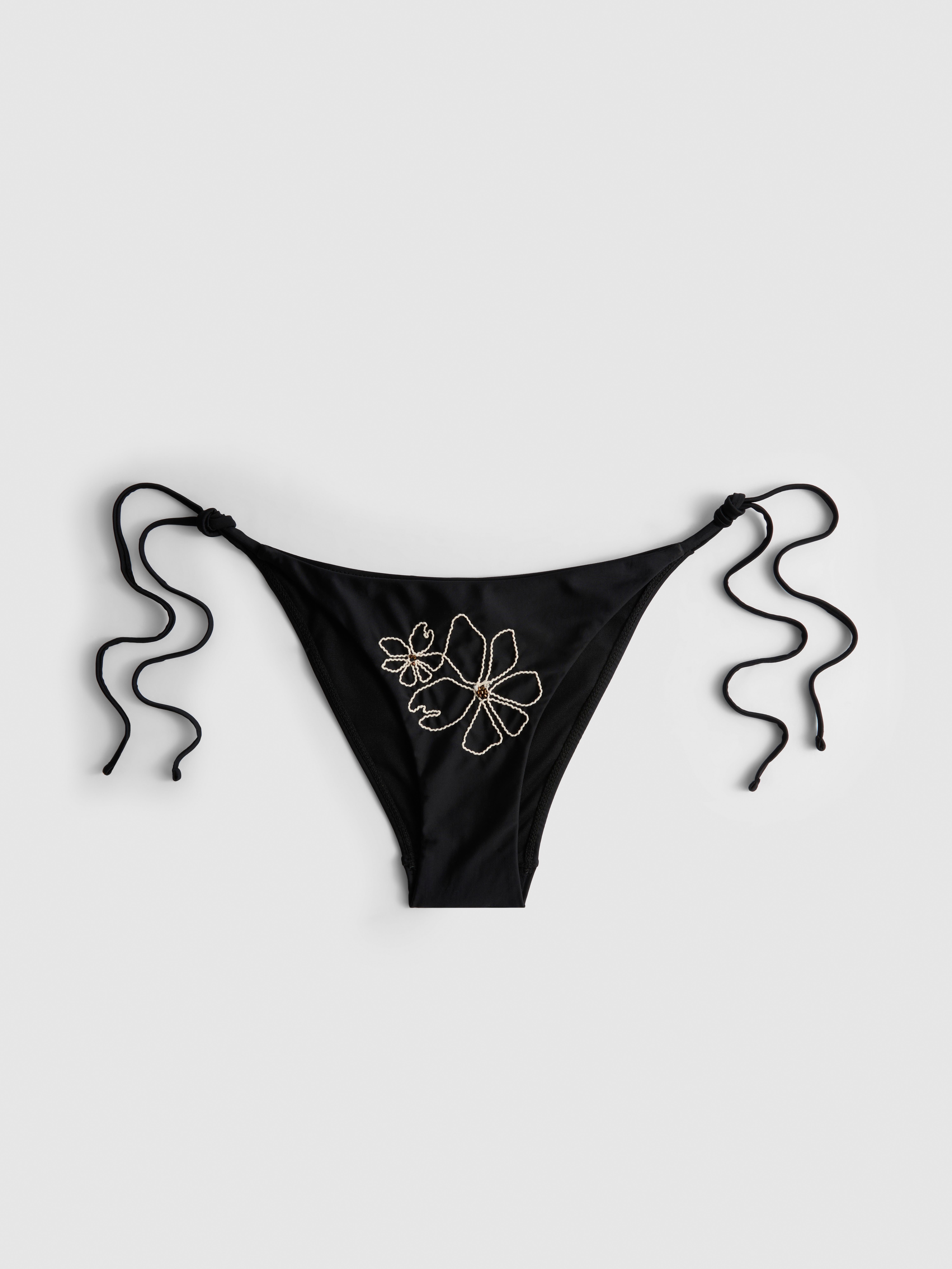 Women's Black Floral Beaded Side-Tie Bikini Bottoms