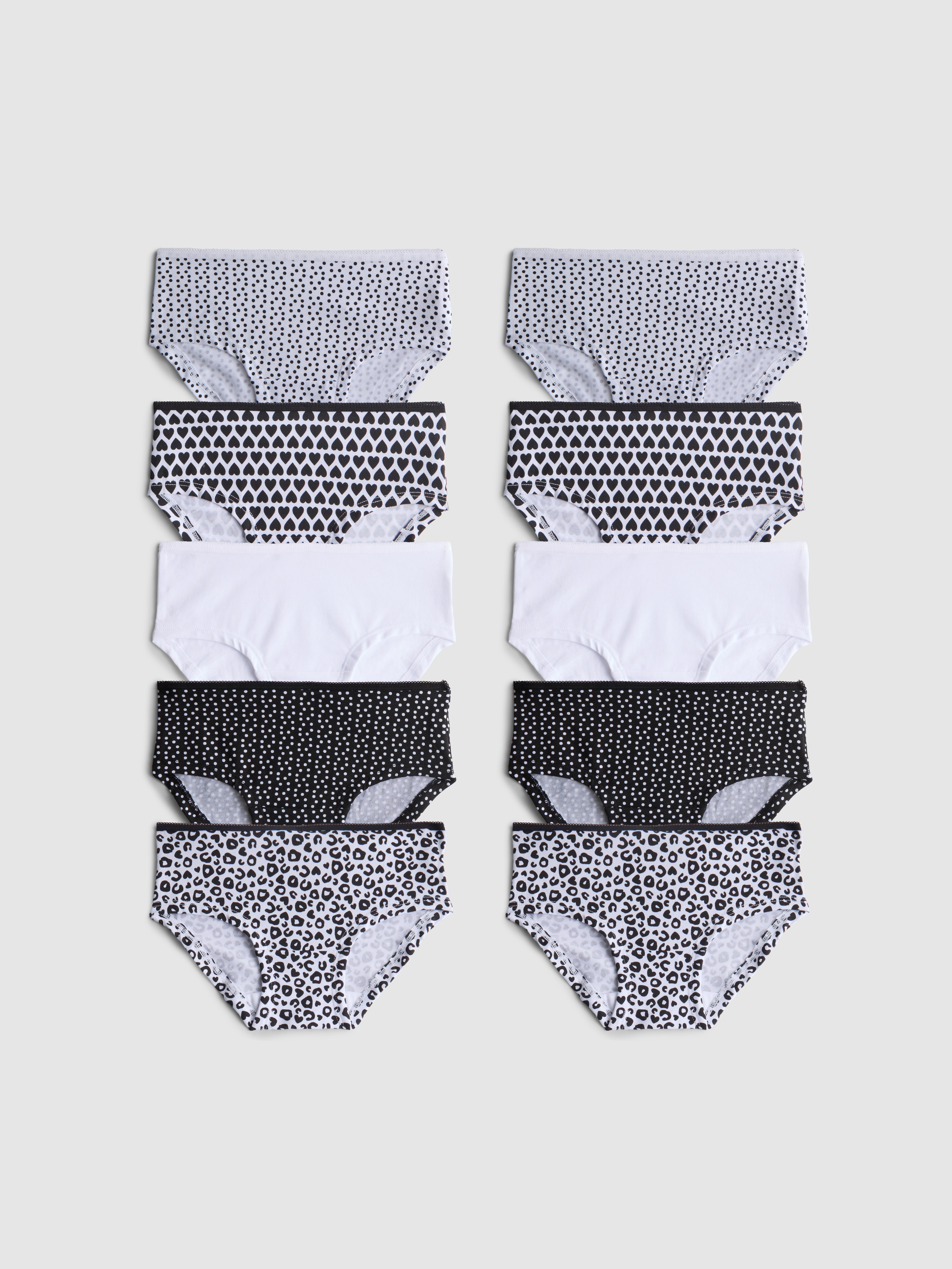 Girls White/Black 1.5-15yrs | 10pk Printed Hipster Briefs