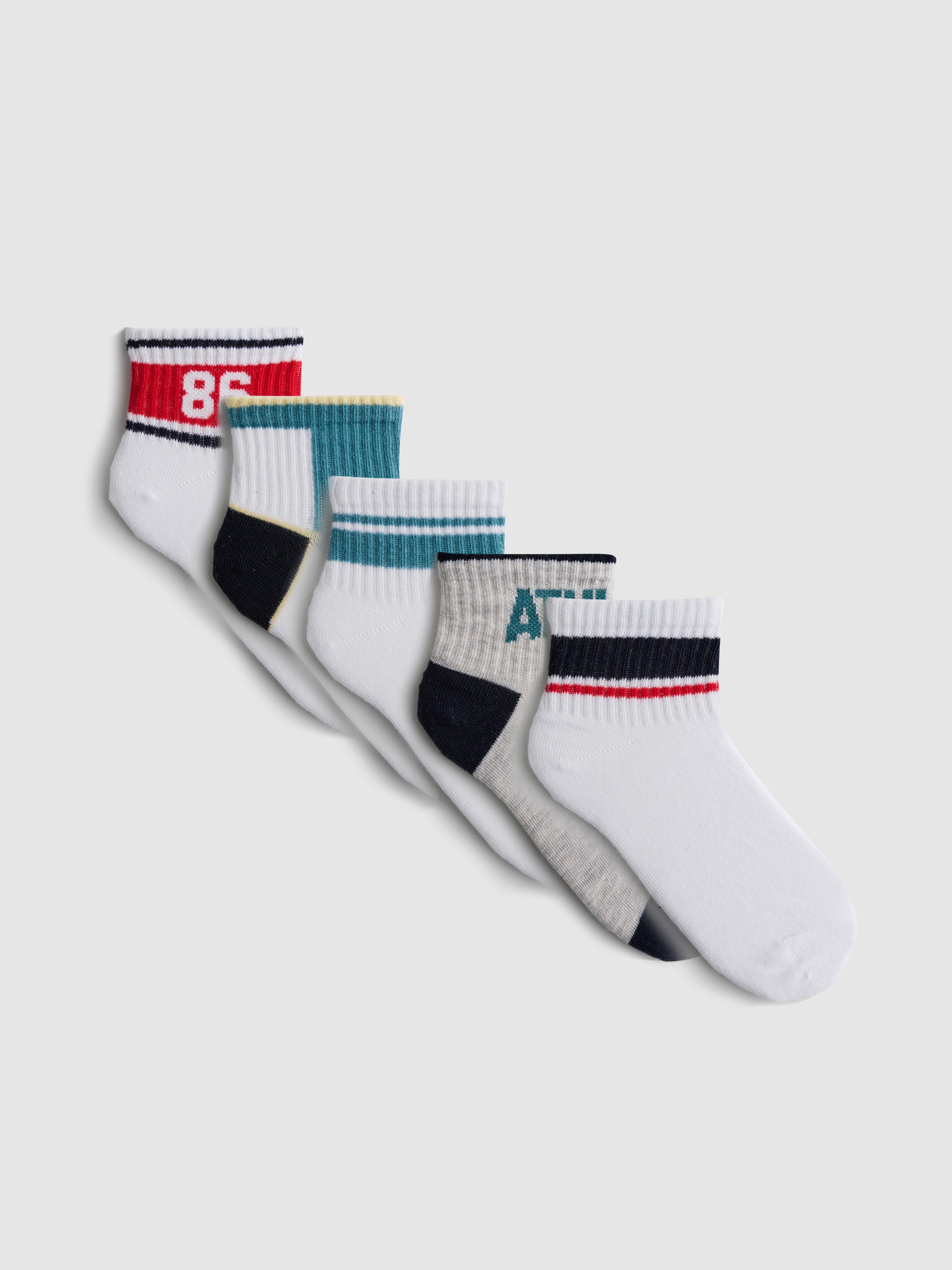 Boys White 5pk Varsity Patterned Quarter Socks